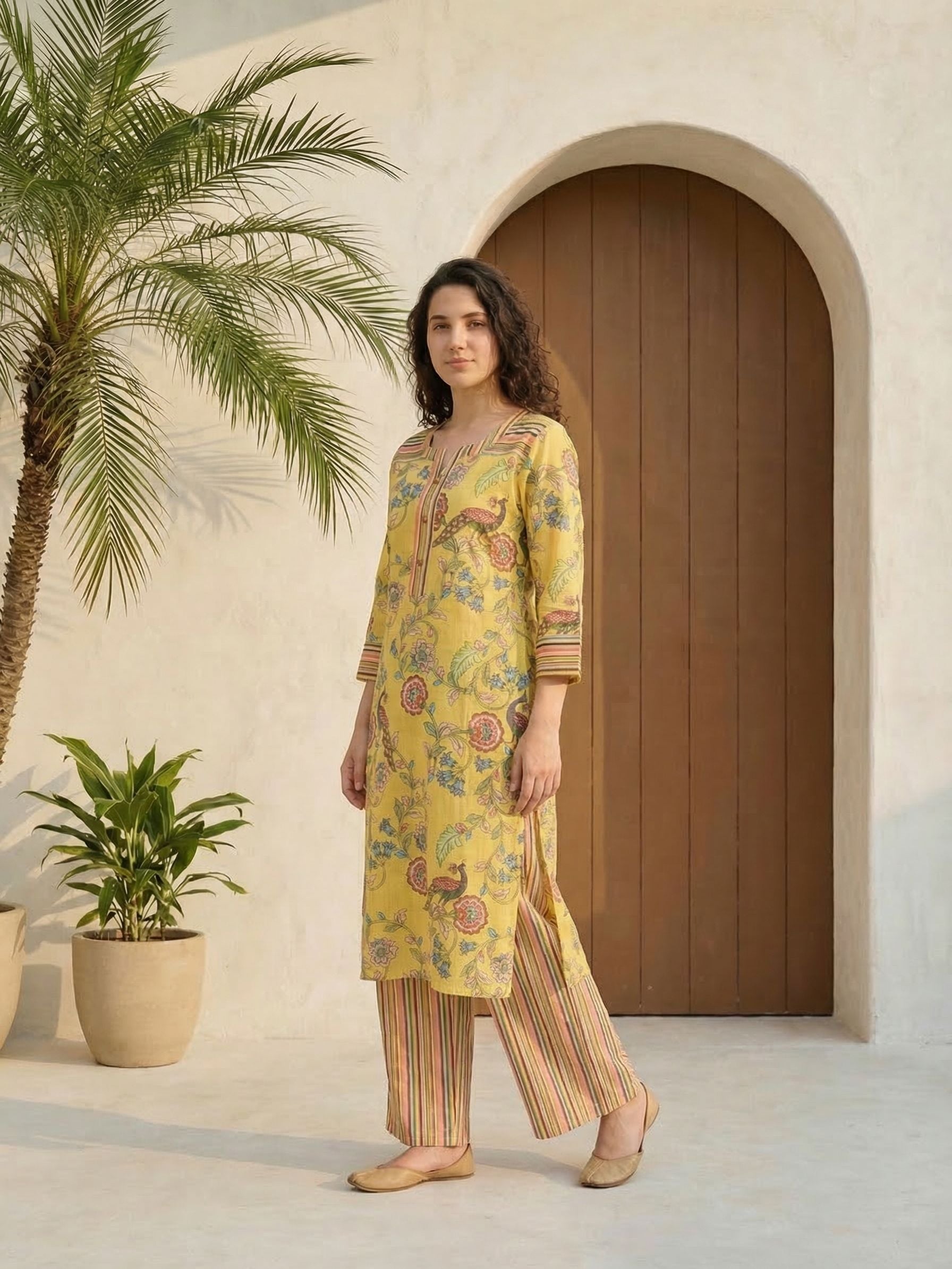 Women floral printed cotton kurta with trousers