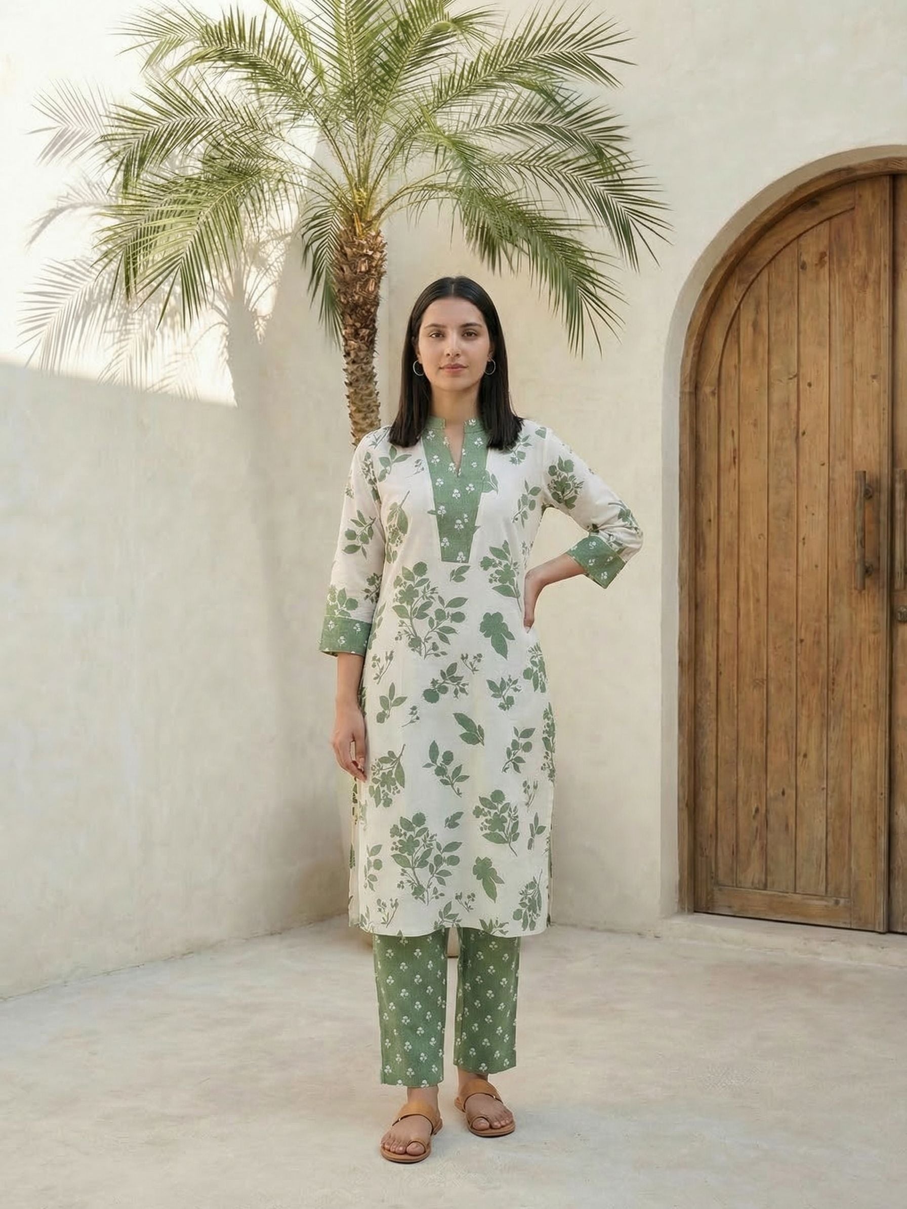 Women floral printed cotton top with trousers