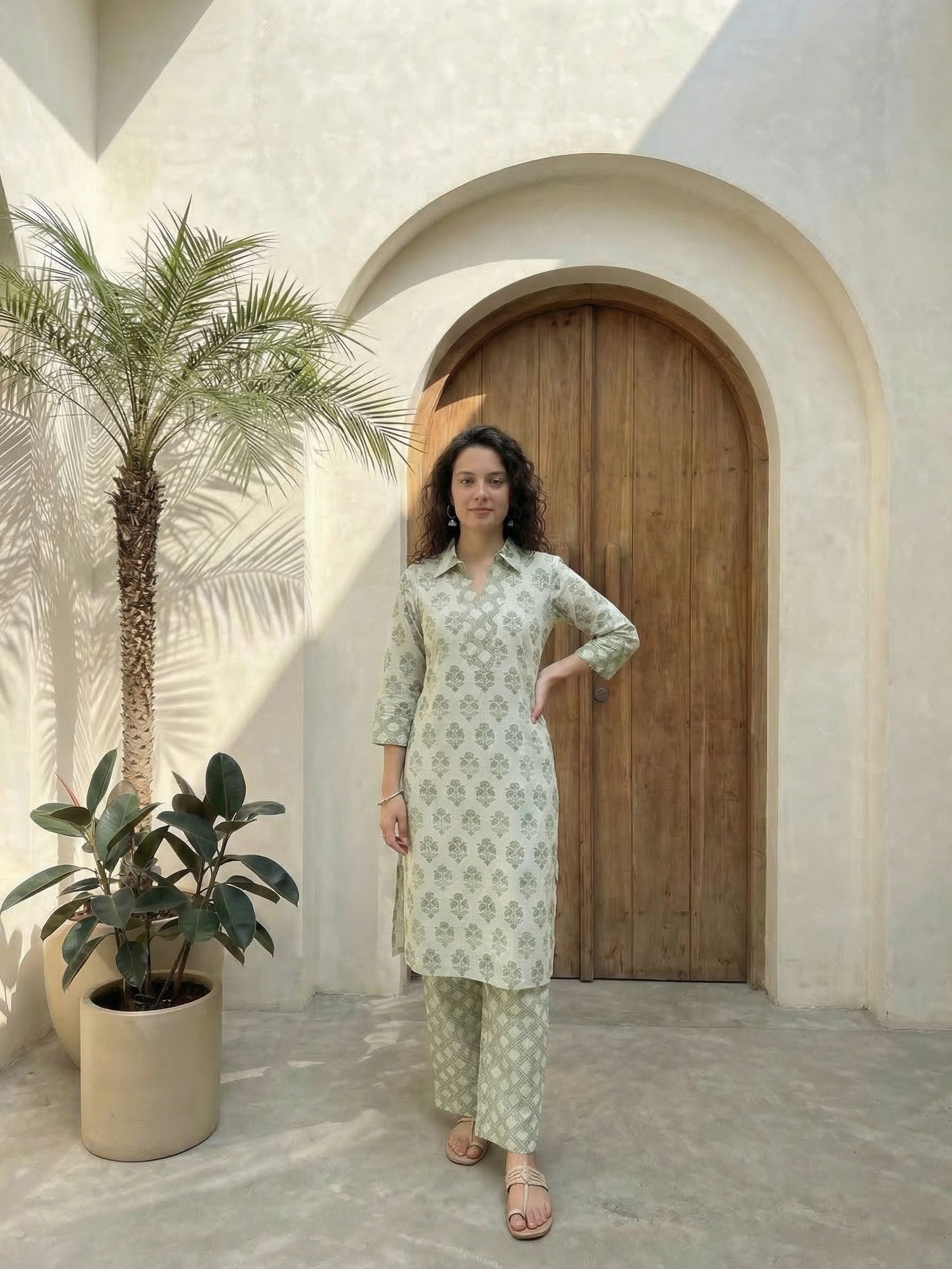 Women floral printed cotton top with trousers