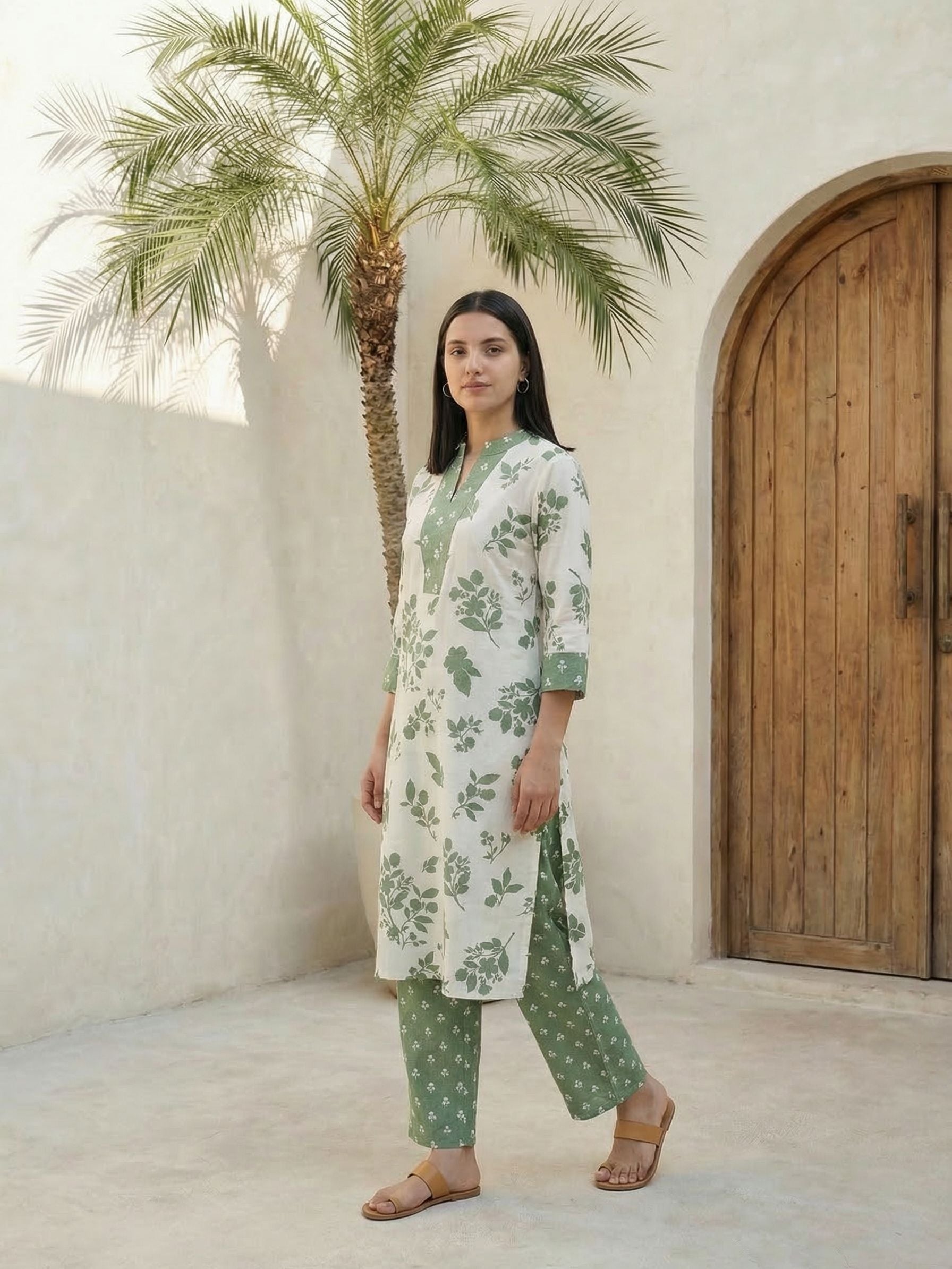 Women floral printed cotton top with trousers