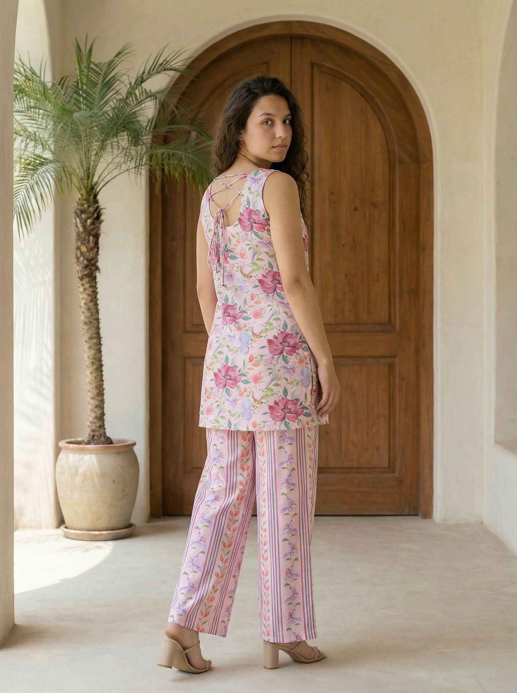 Women red printed cotton kurta co-ord set with trousers