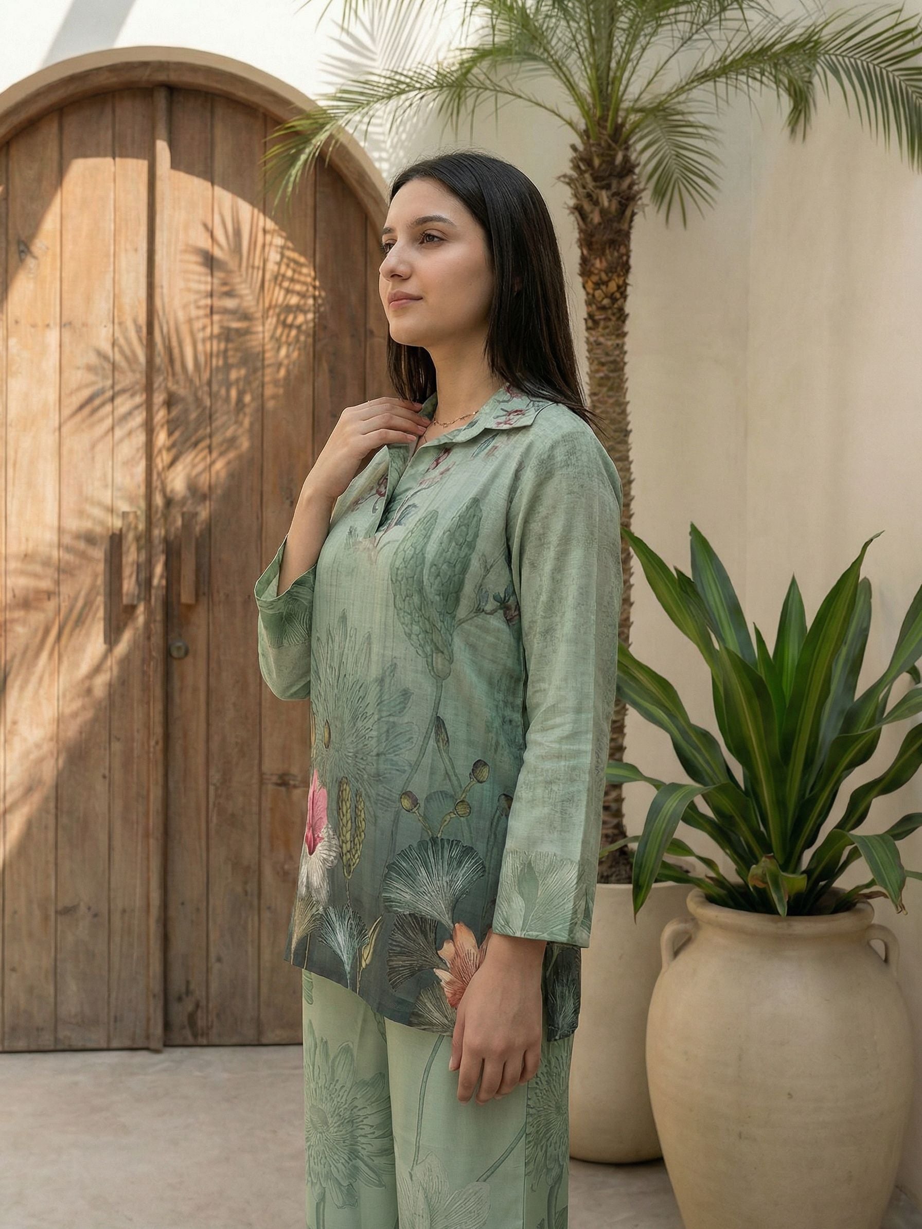Women pink floral printed soft silk kurta co-ord set with trousers