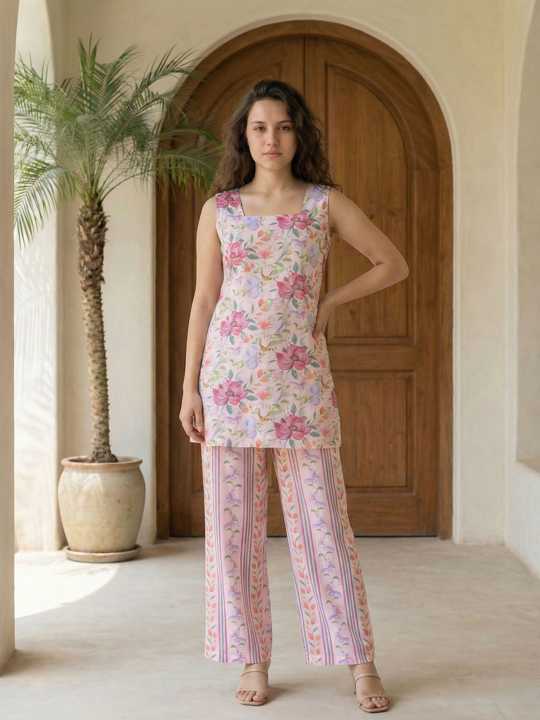Women red printed cotton kurta co-ord set with trousers