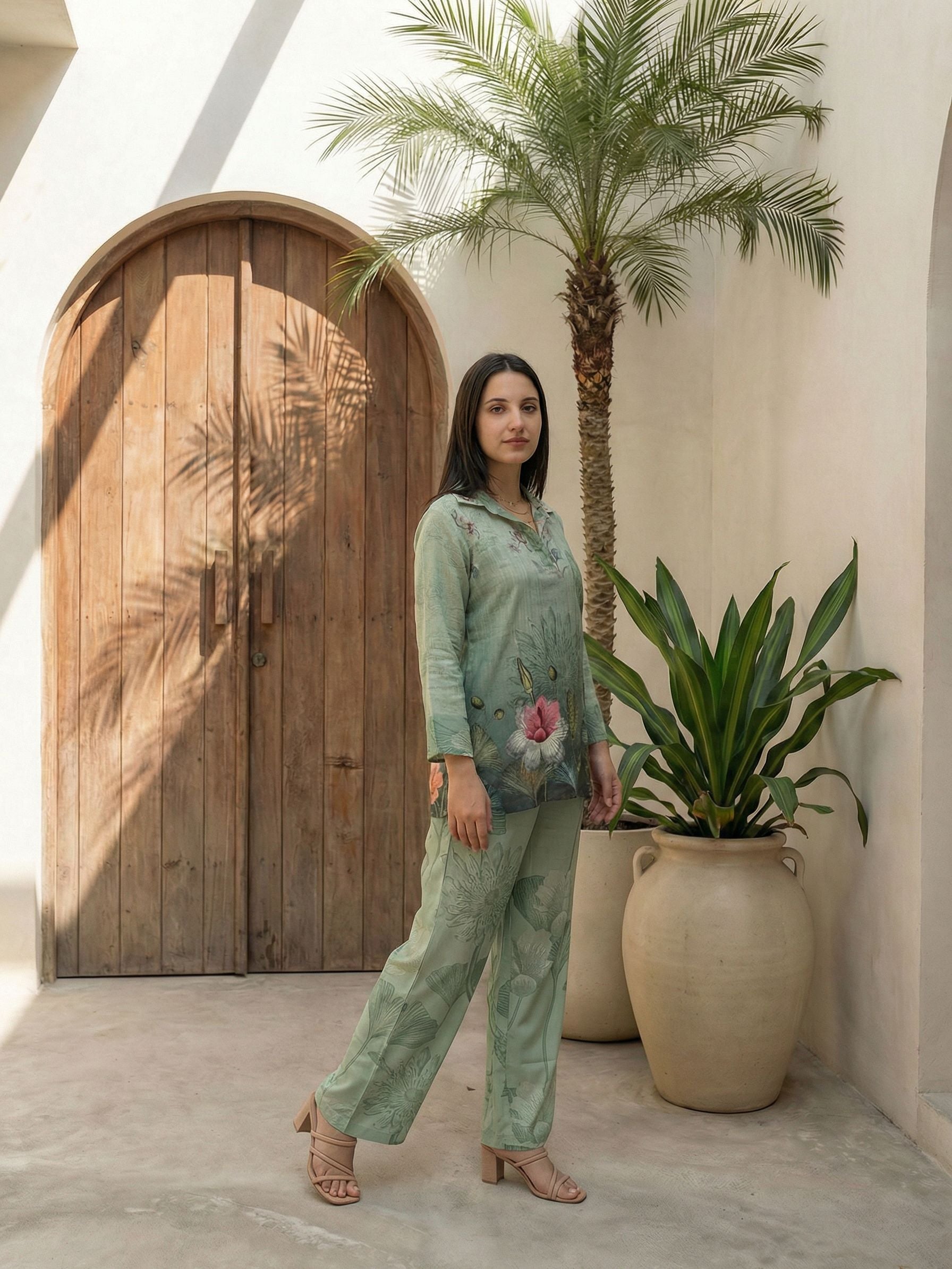 Women pink floral printed soft silk kurta co-ord set with trousers