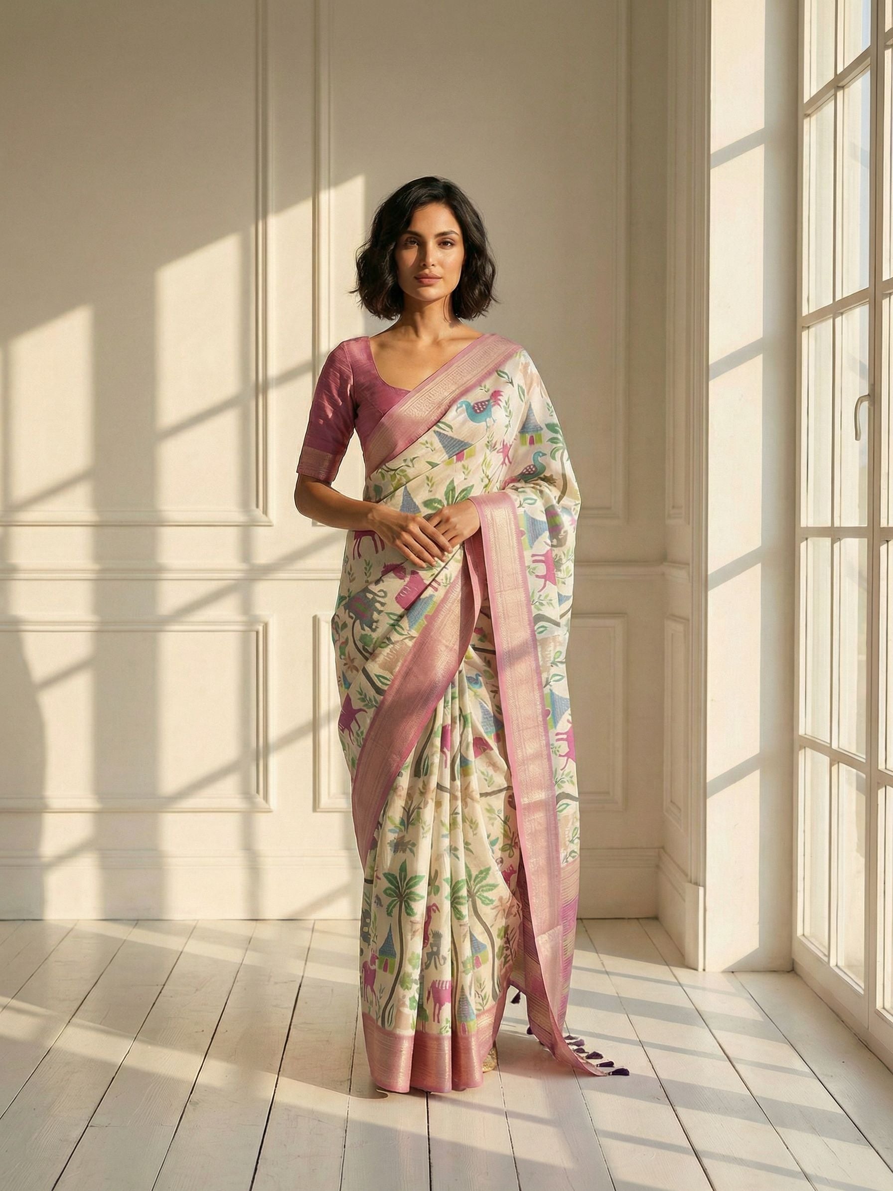 White Pink Floral Saree