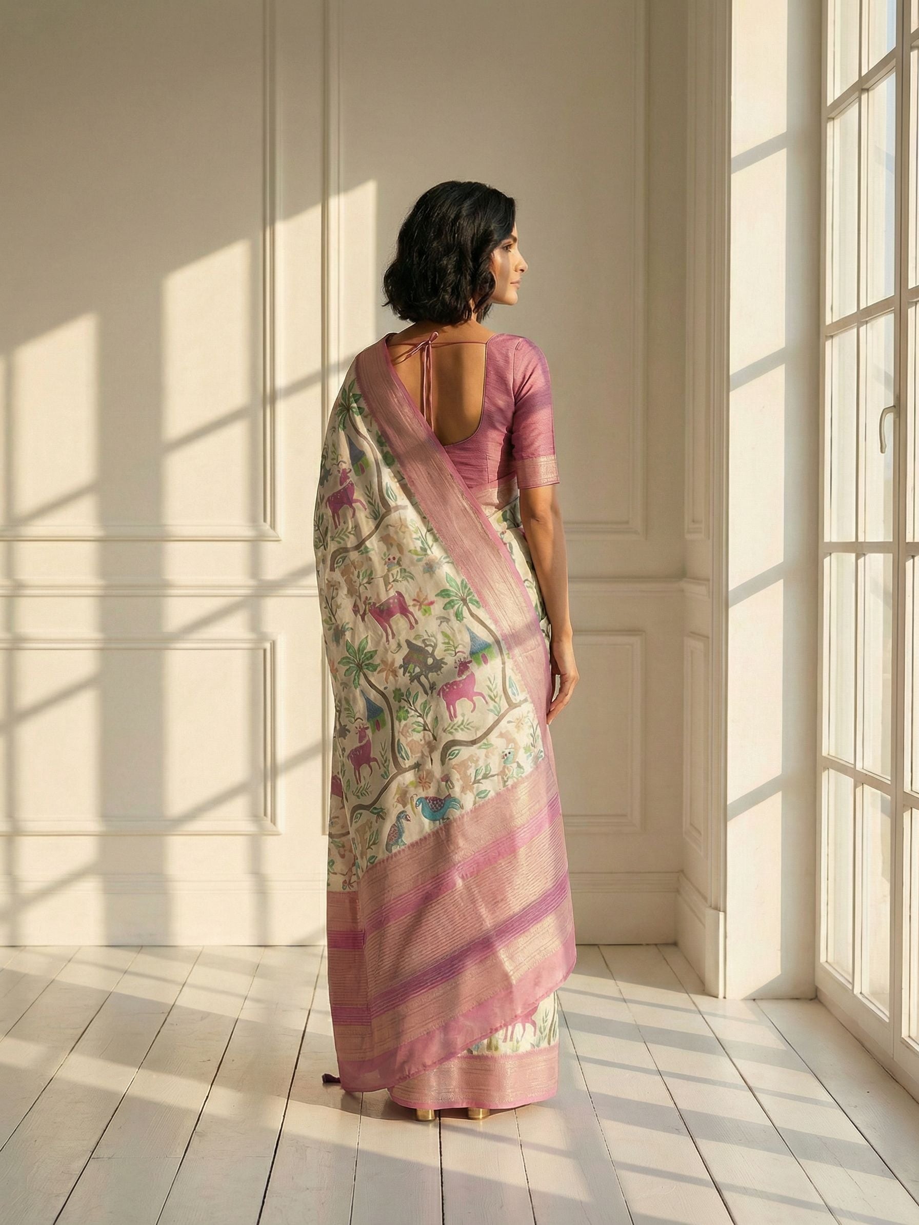 White Pink Floral Saree