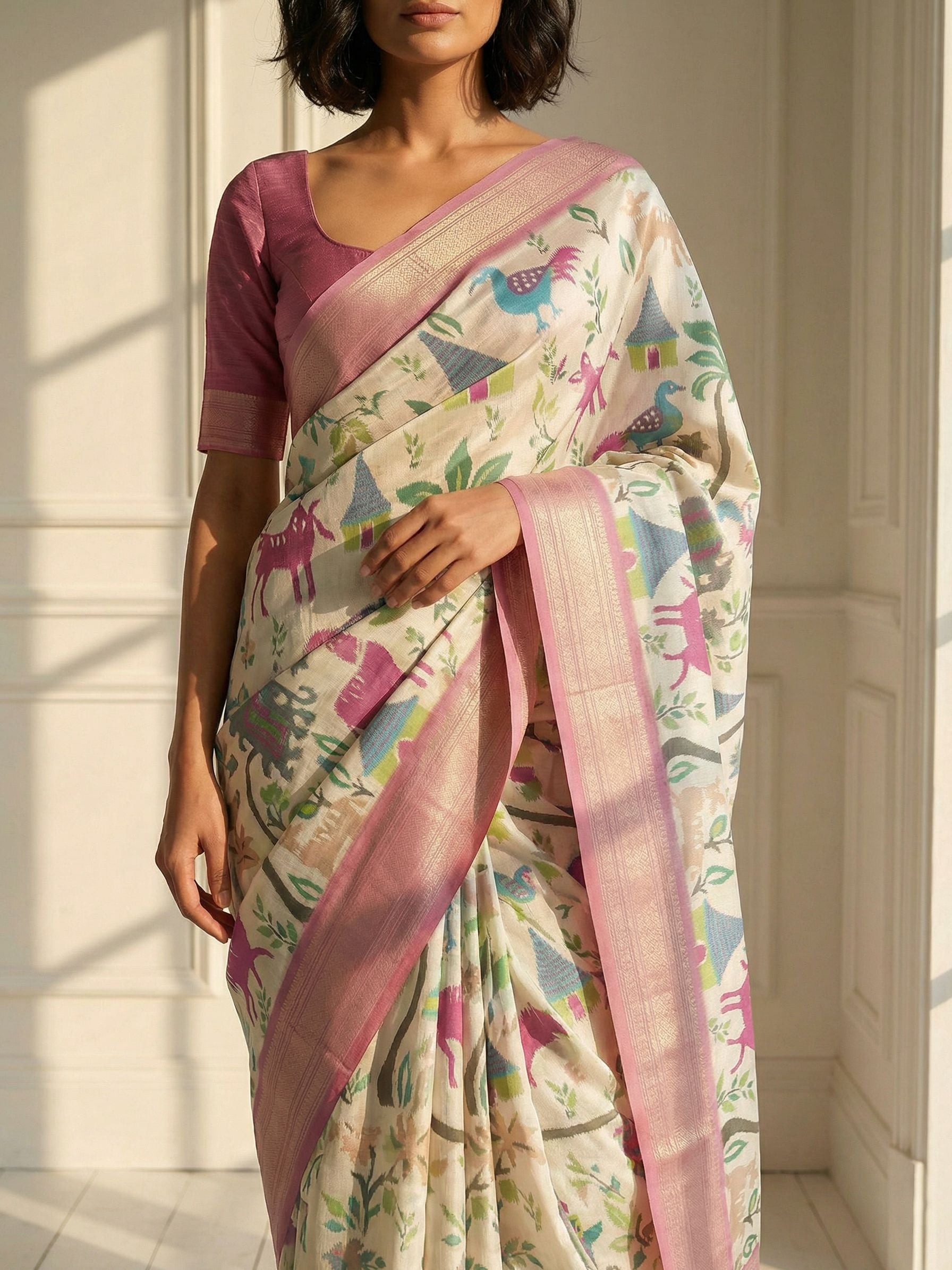 White Pink Floral Saree
