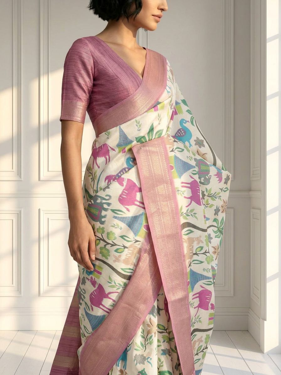 White Pink Floral Saree