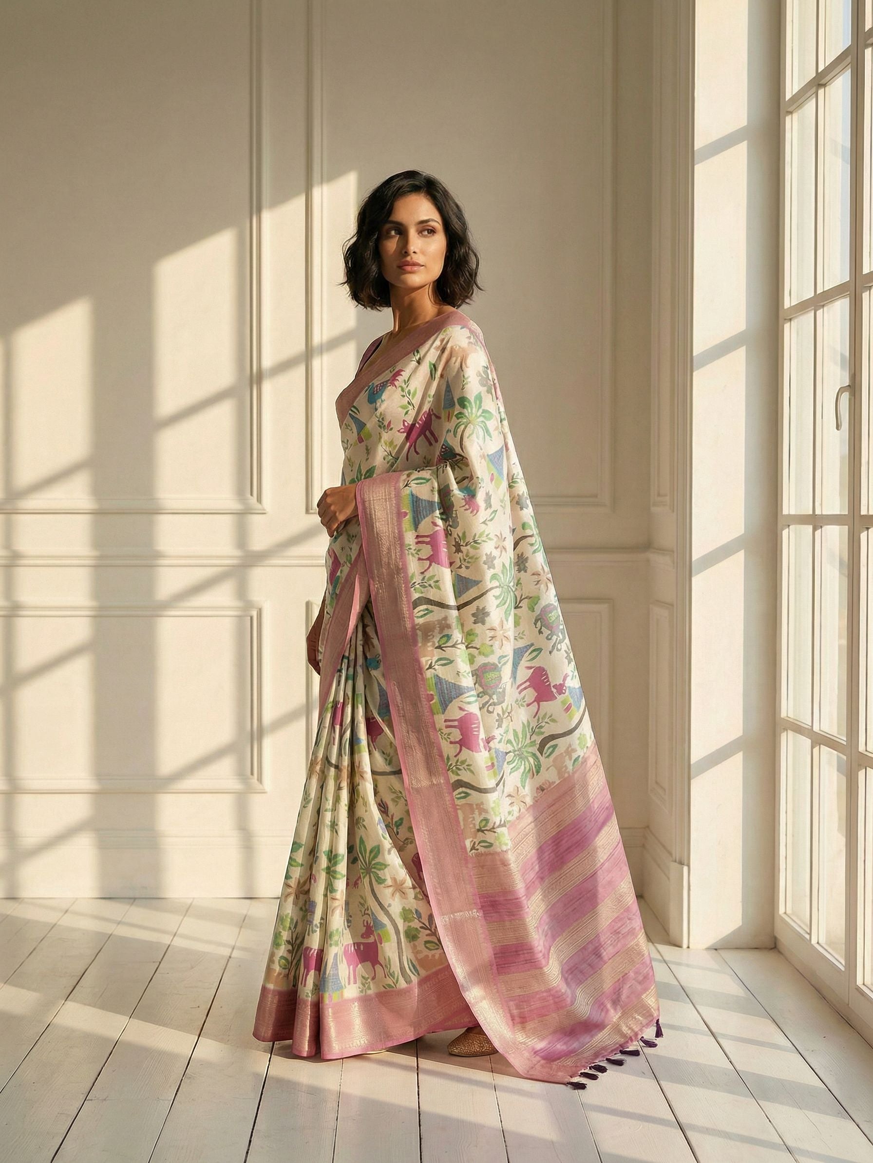 White Pink Floral Saree