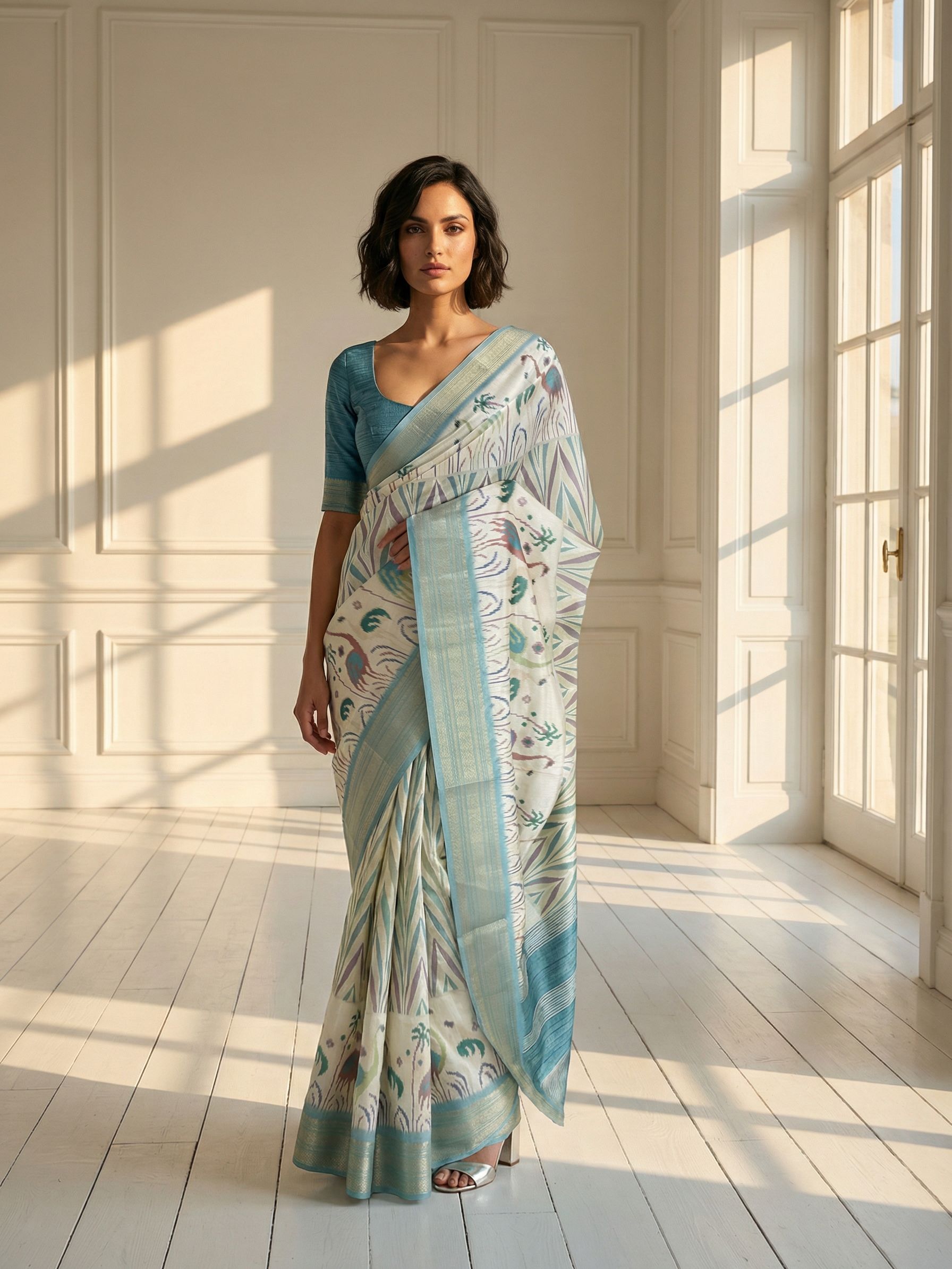 Ocean Blue and White Saree
