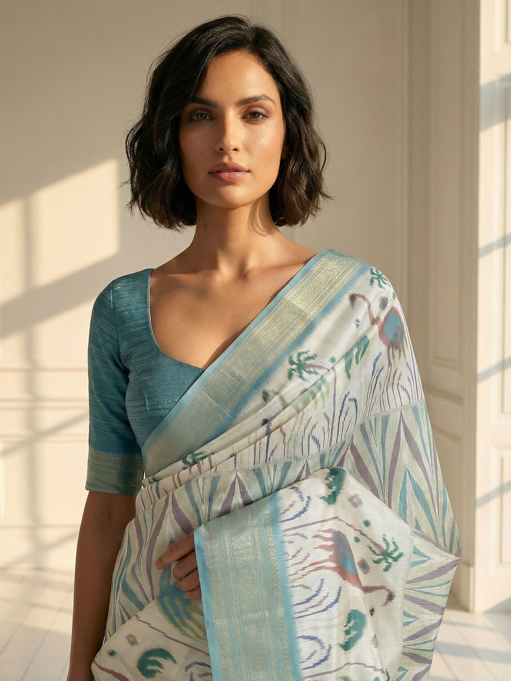 Ocean Blue and White Saree