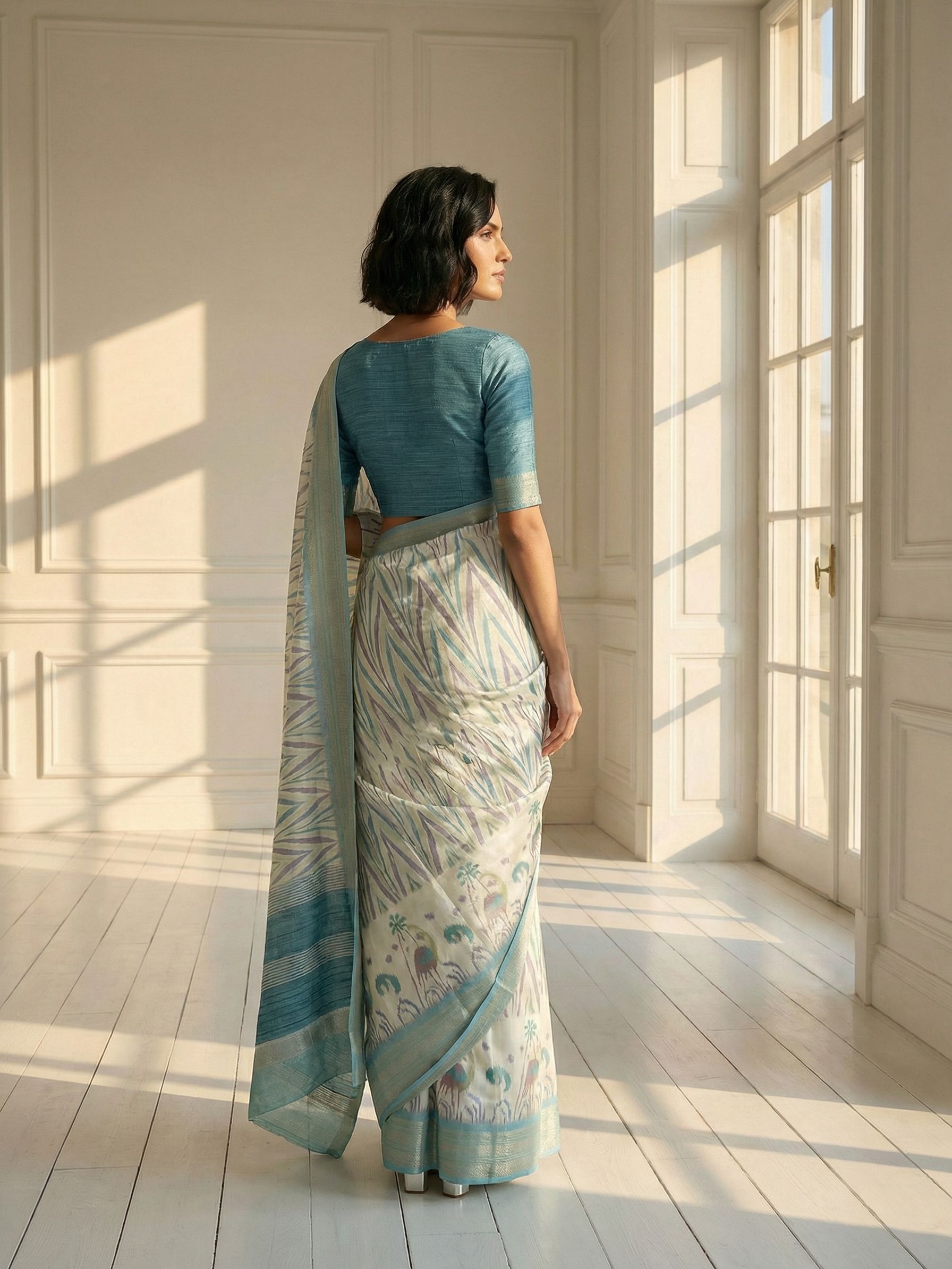 Ocean Blue and White Saree