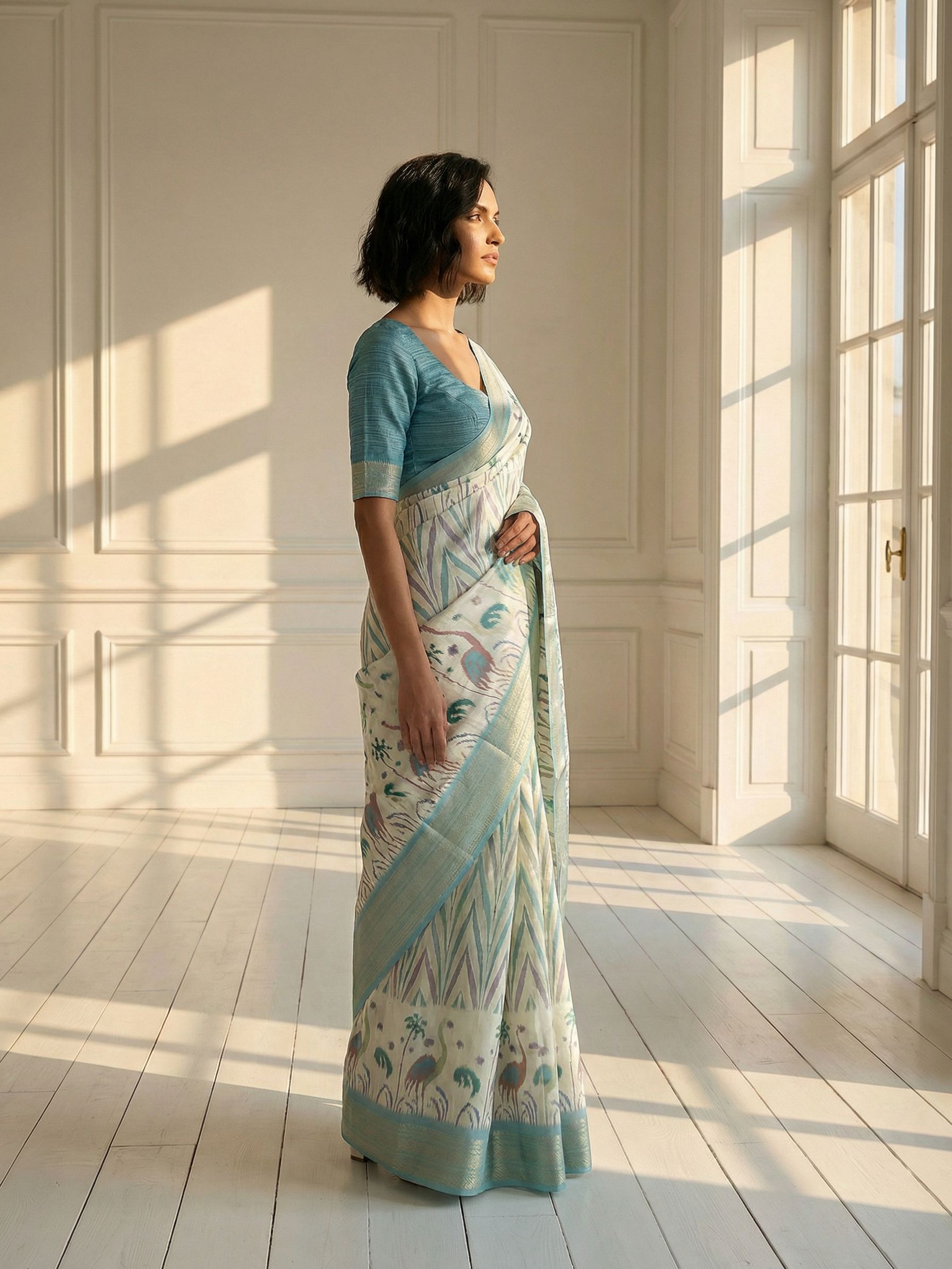 Ocean Blue and White Saree