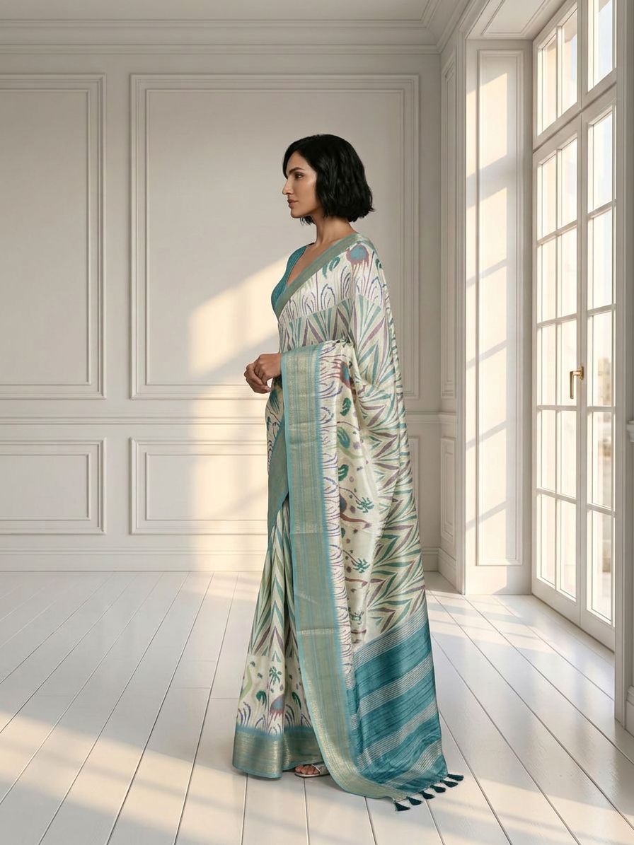 Ocean Blue and White Saree