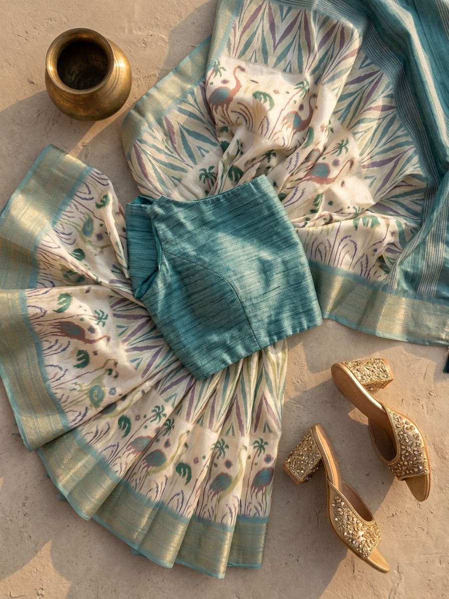Ocean Blue and White Saree