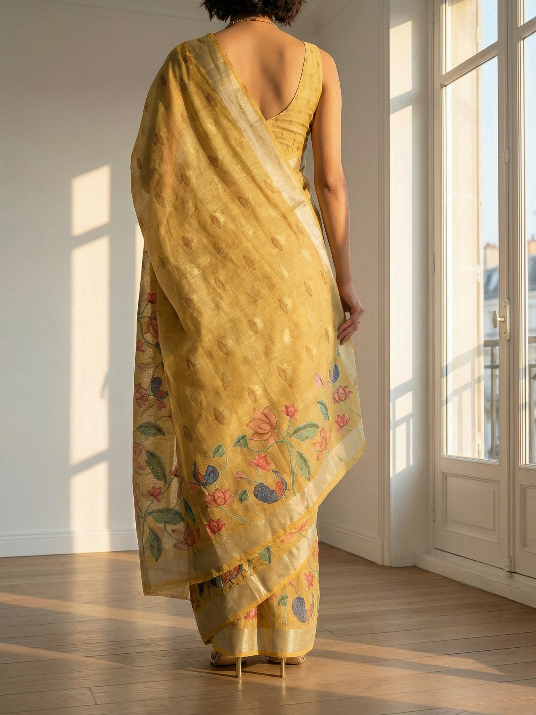 Yellow Floral Linen Saree