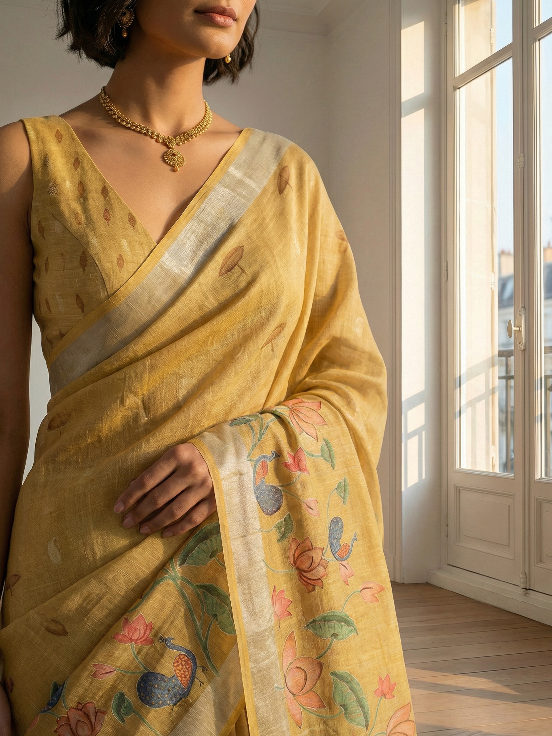 Yellow Floral Linen Saree
