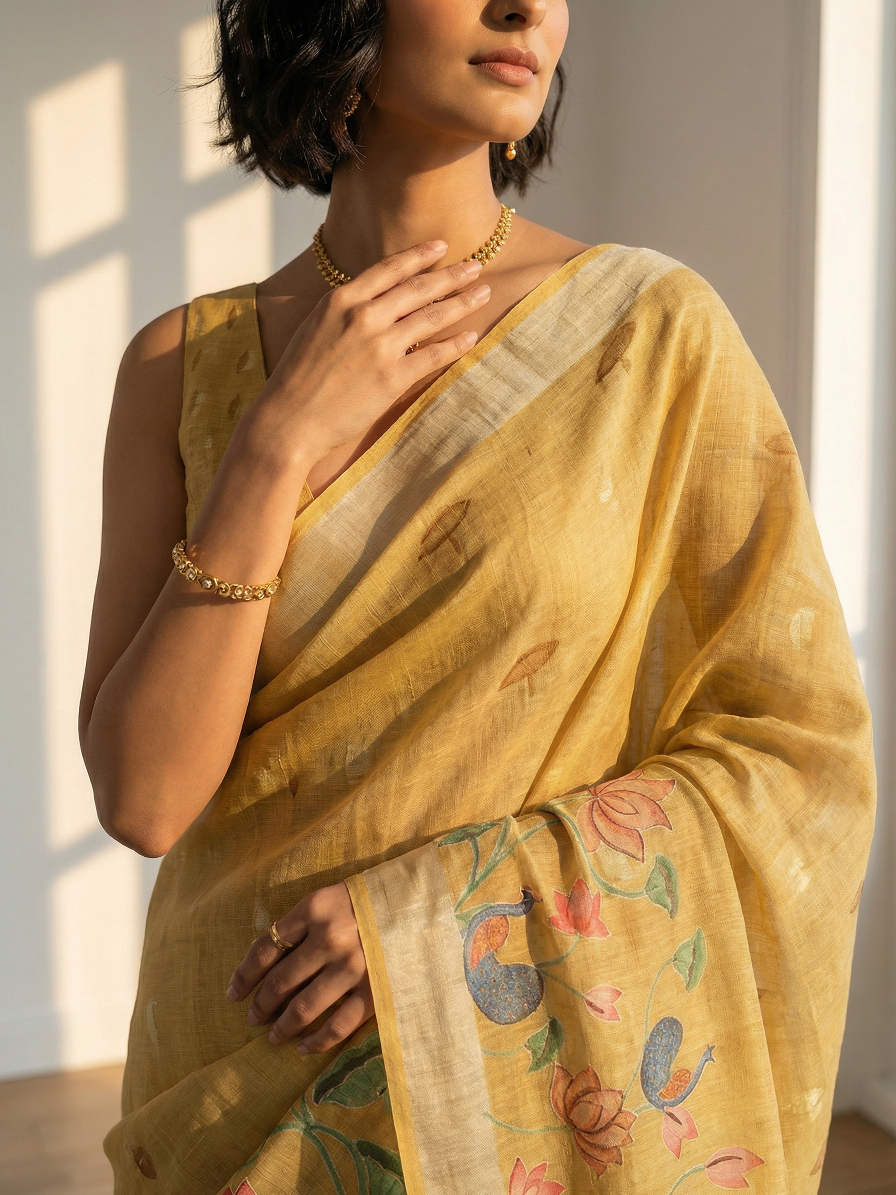 Yellow Floral Linen Saree