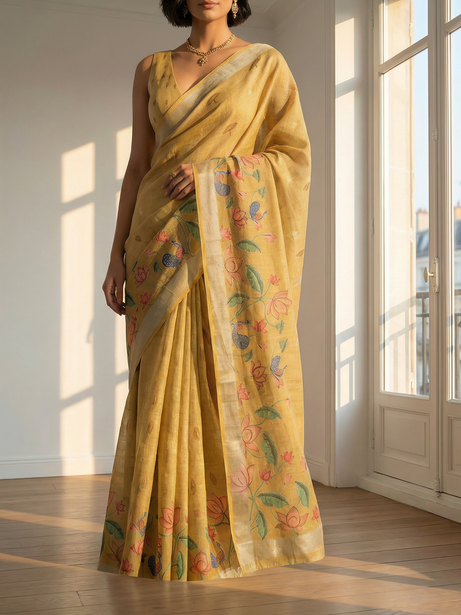Yellow Floral Linen Saree