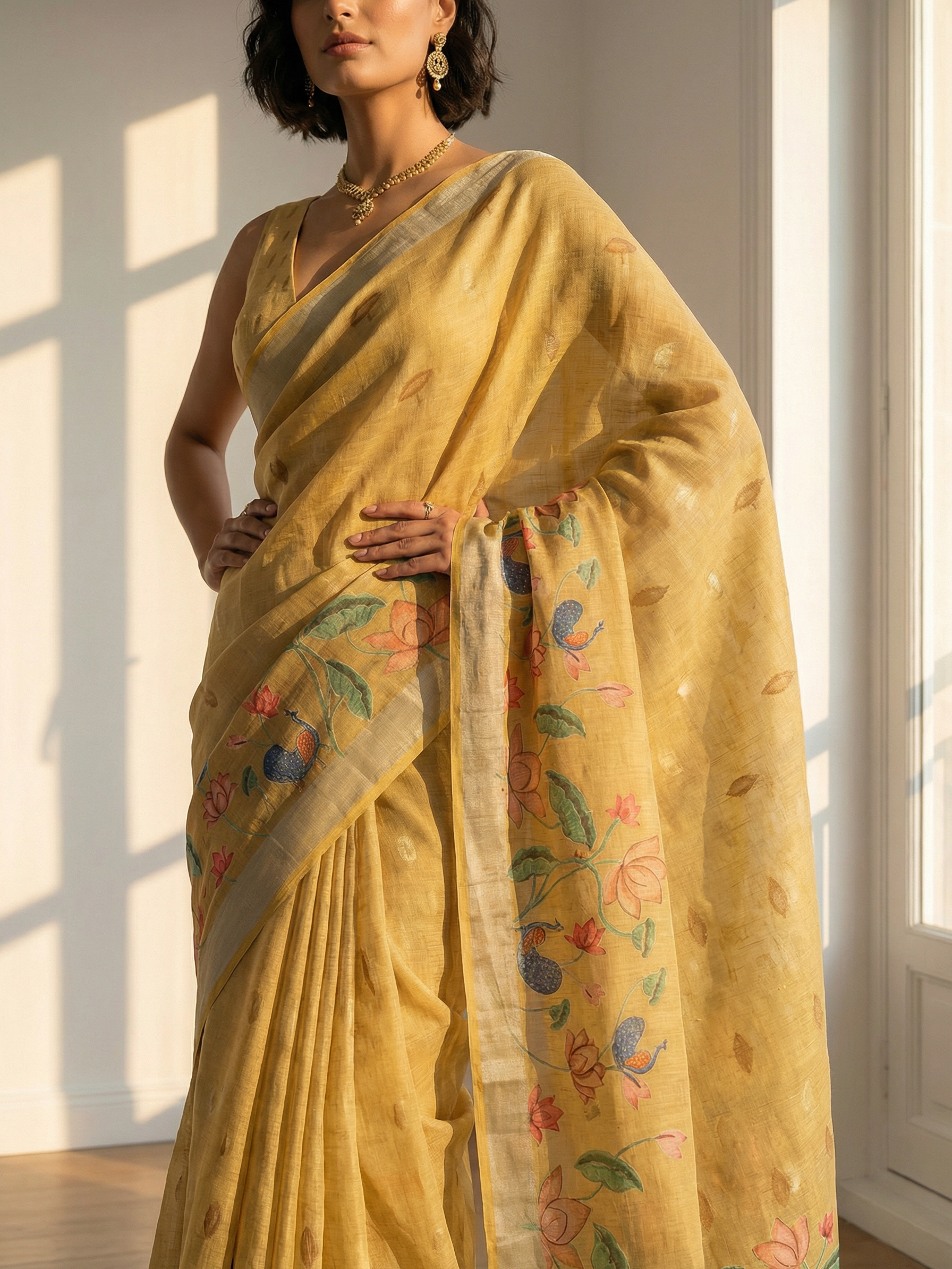 Yellow Floral Linen Saree