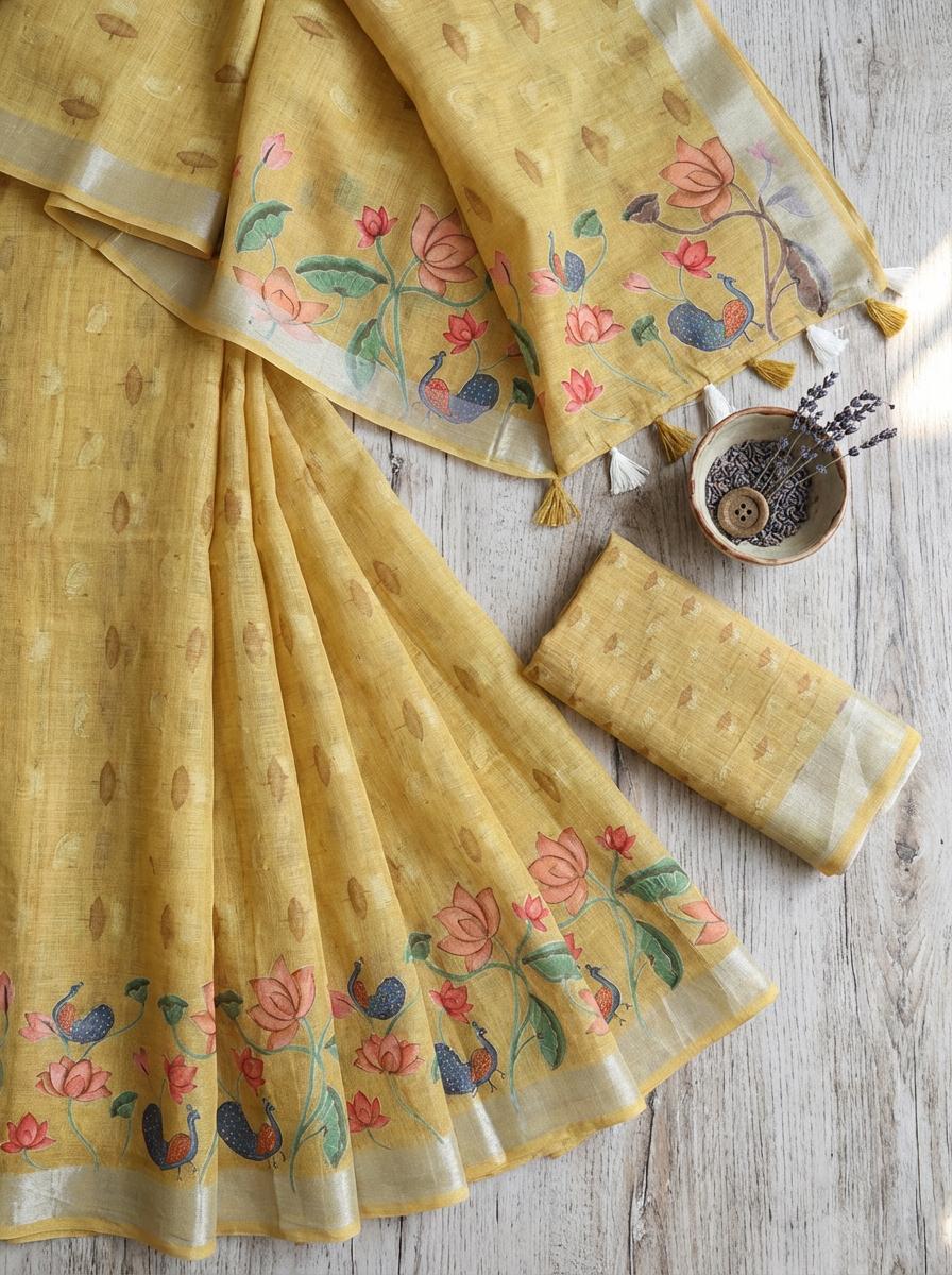 Yellow Floral Linen Saree
