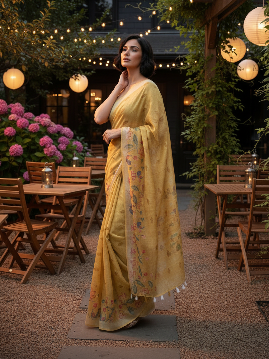 Yellow Floral Linen Saree