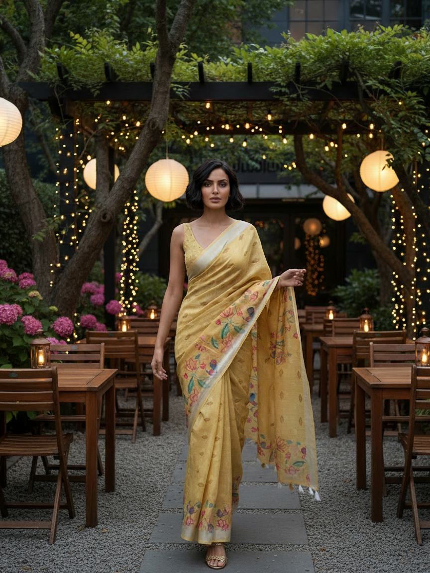Yellow Floral Linen Saree