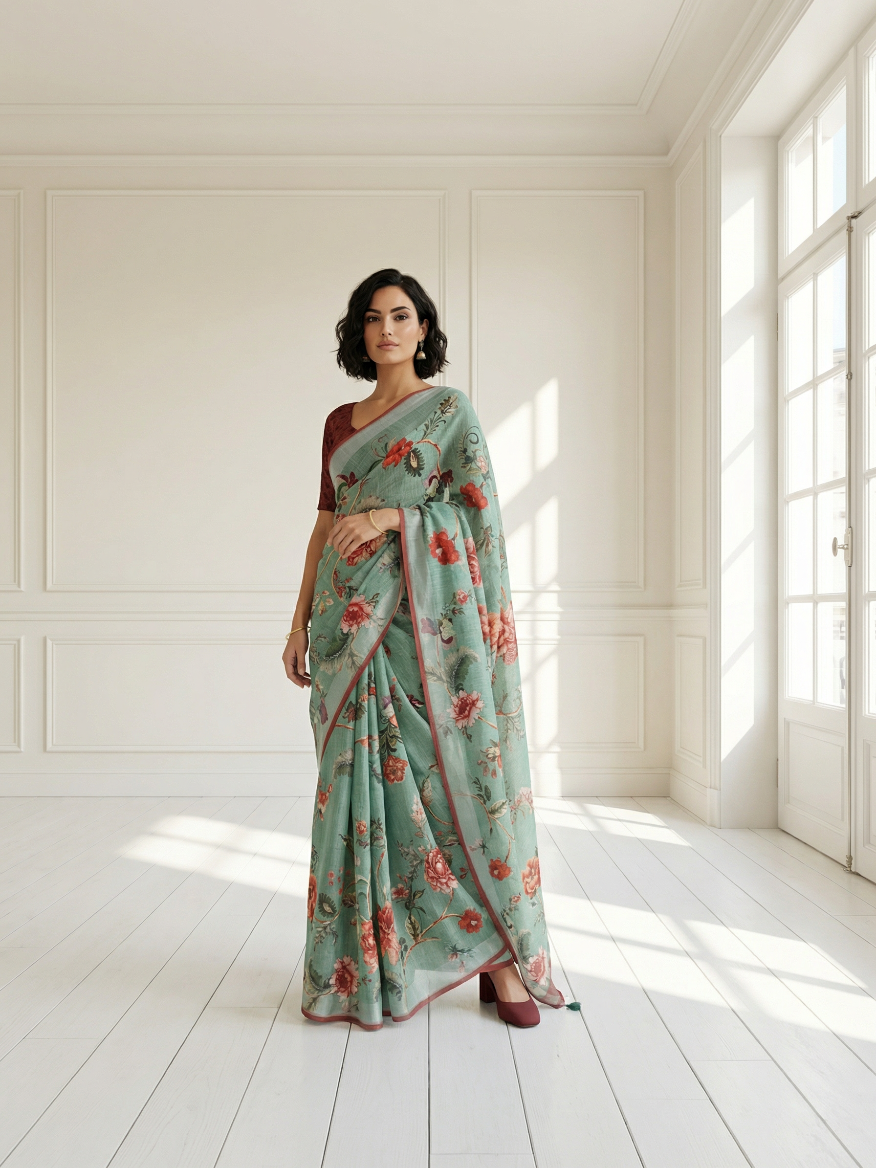 White and Pink Floral Saree
