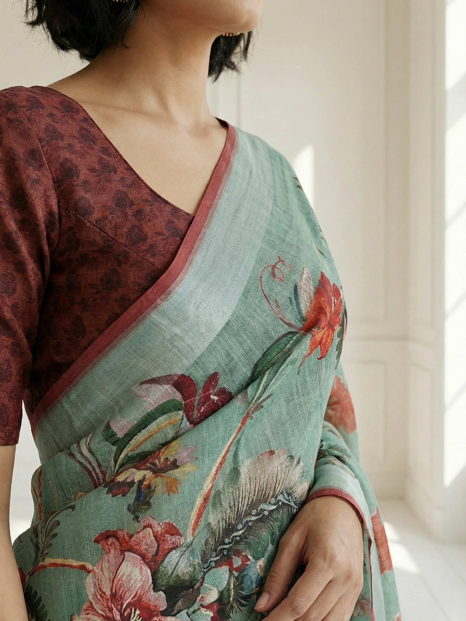 White and Pink Floral Saree