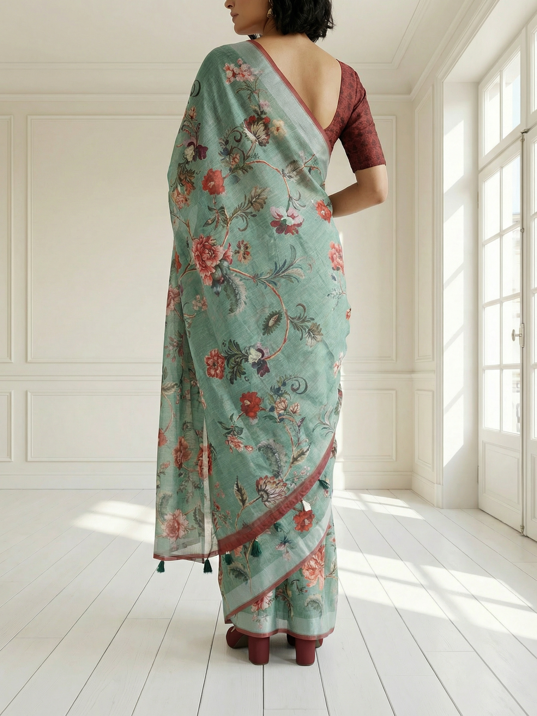 White and Pink Floral Saree