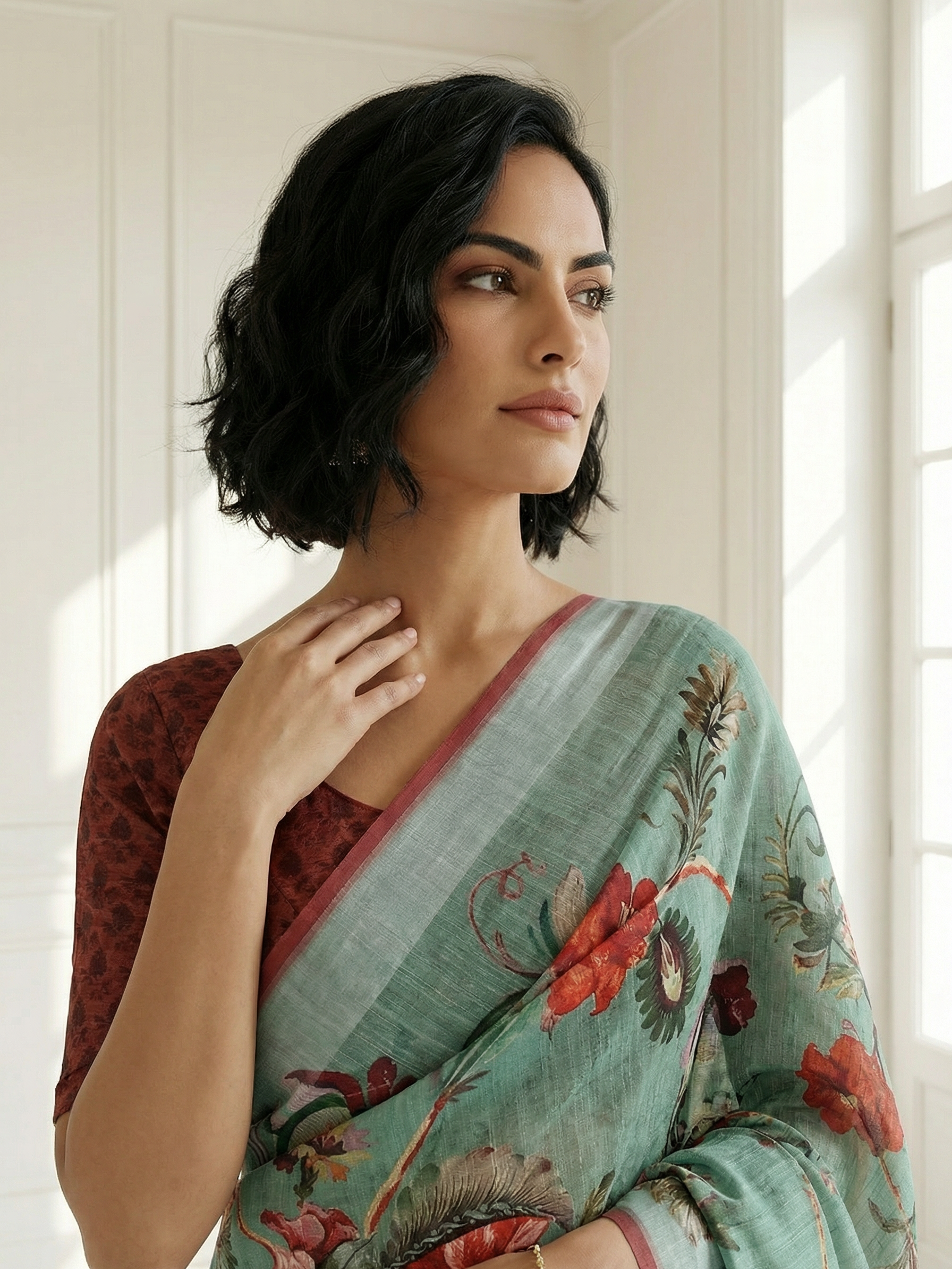 White and Pink Floral Saree