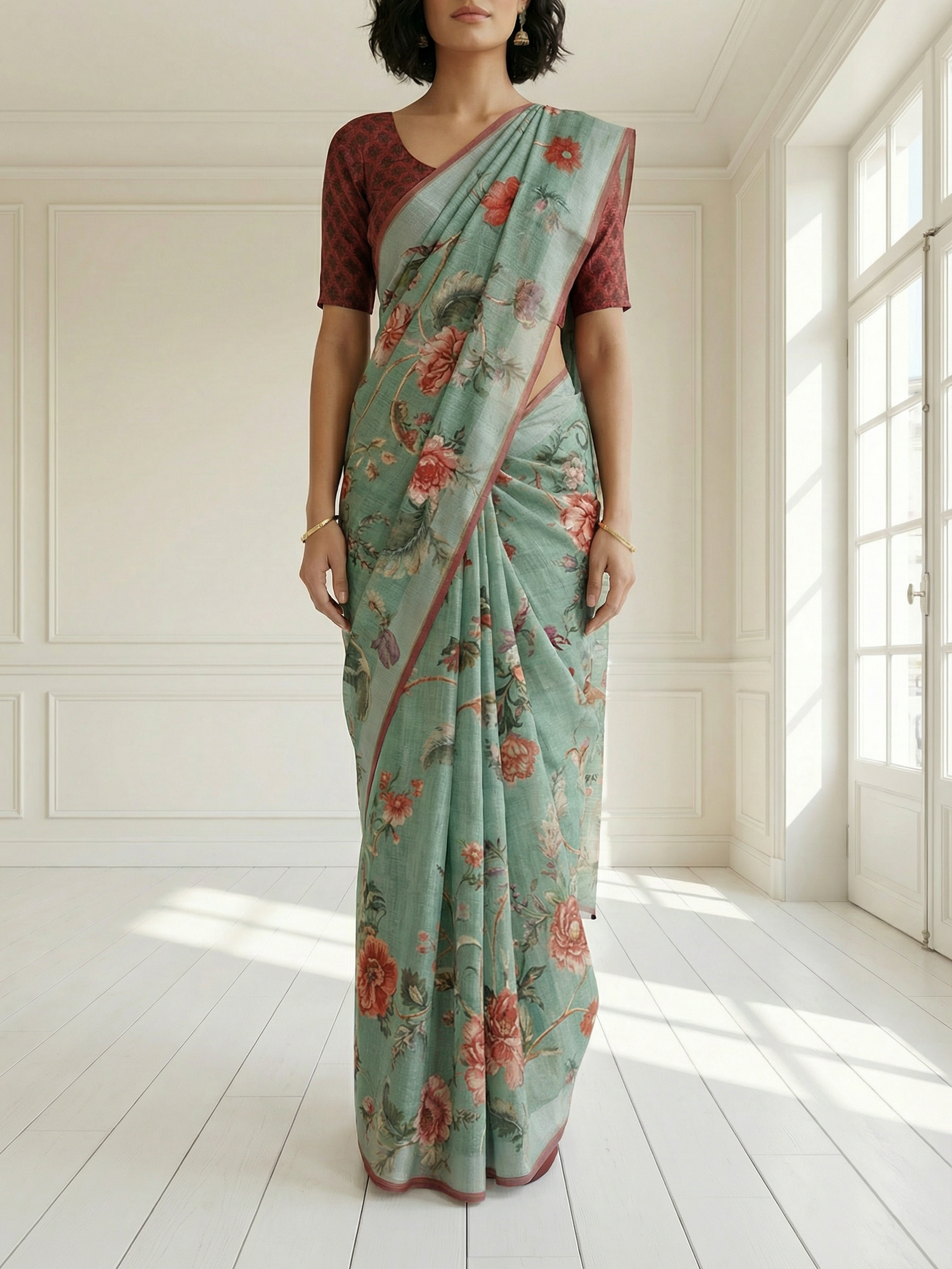 White and Pink Floral Saree