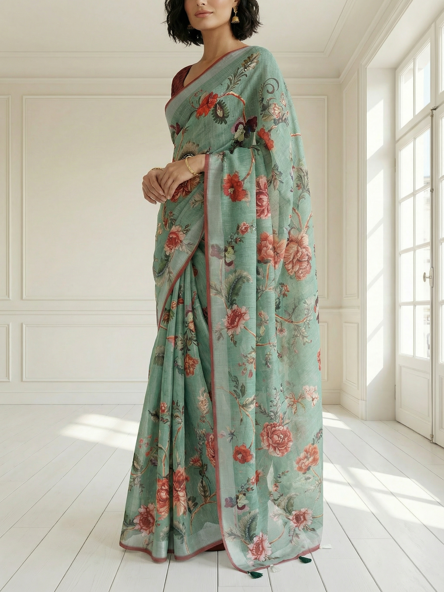 White and Pink Floral Saree