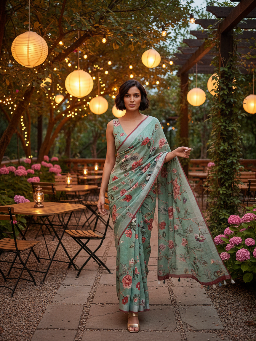 White and Pink Floral Saree