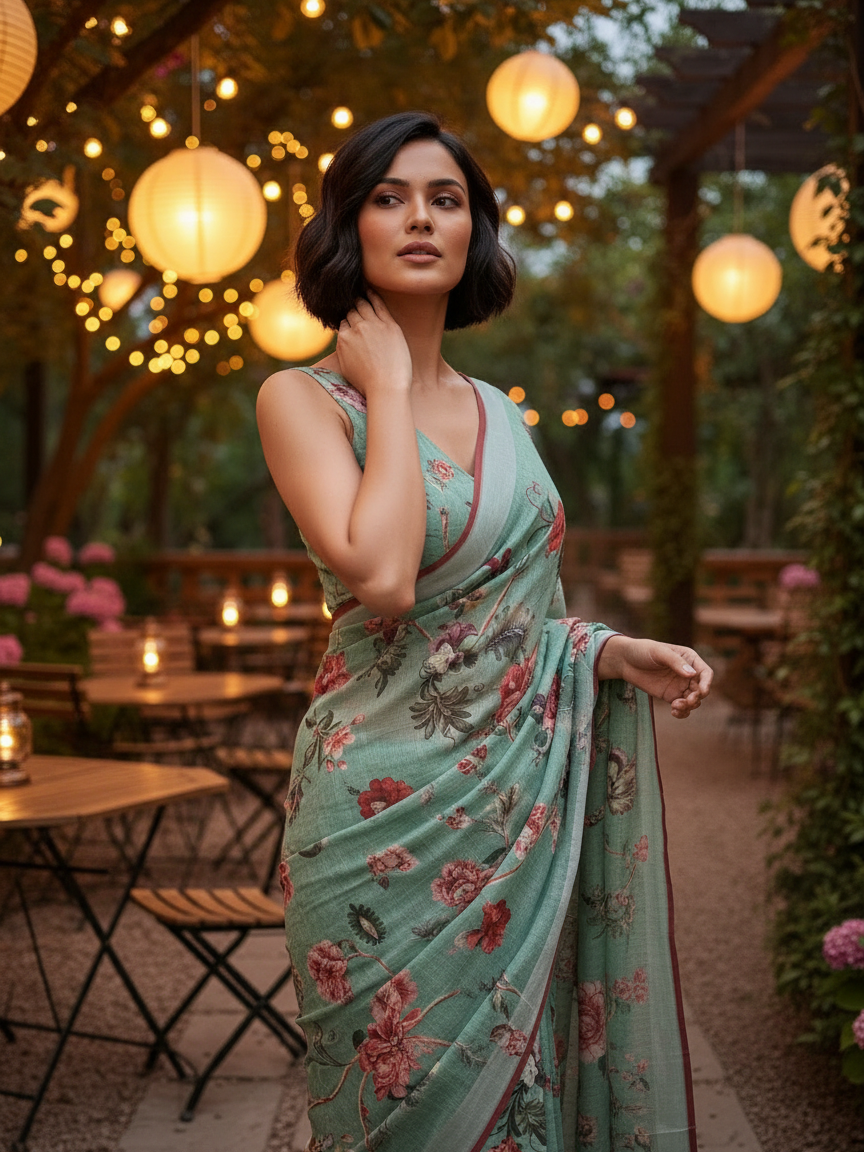 White and Pink Floral Saree