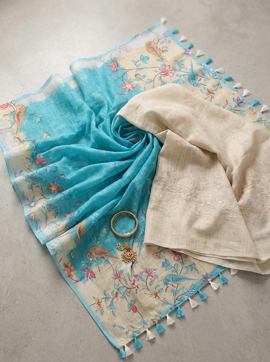 Sky Blue Linen Saree