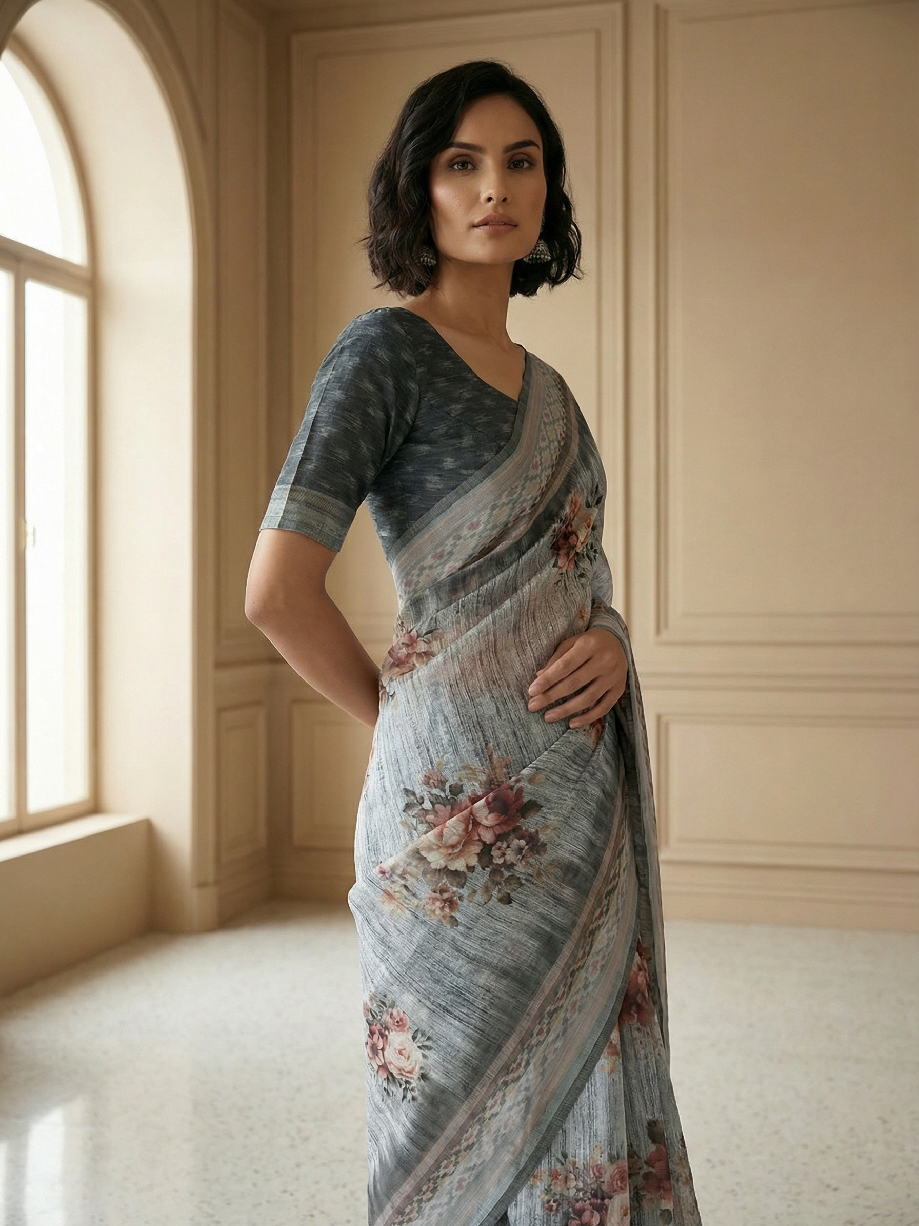 Floral Grey Saree