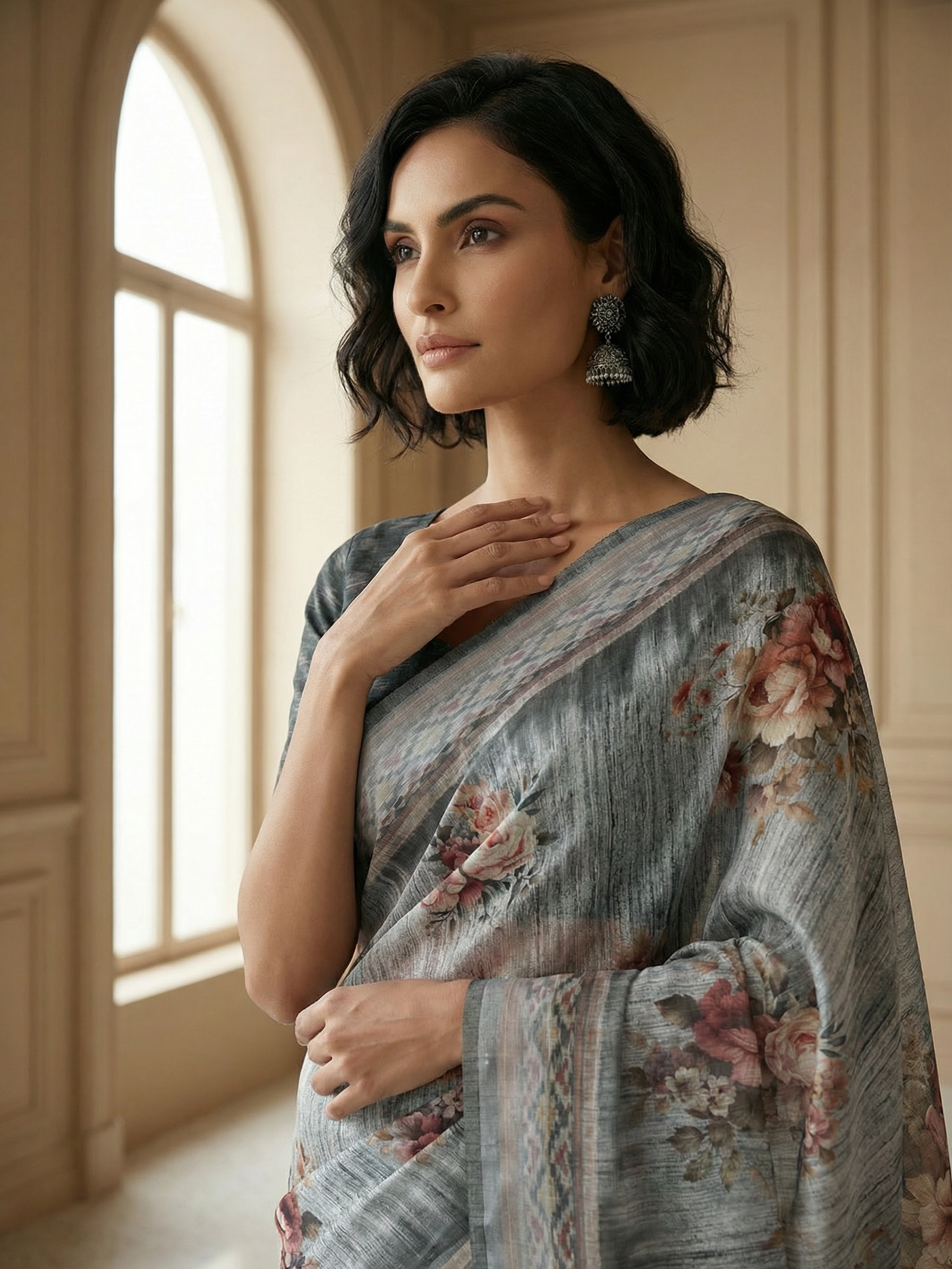 Floral Grey Saree