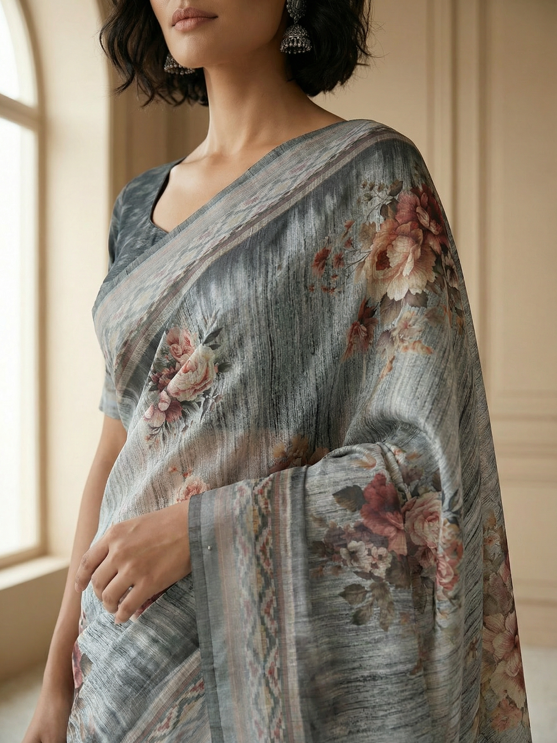 Floral Grey Saree