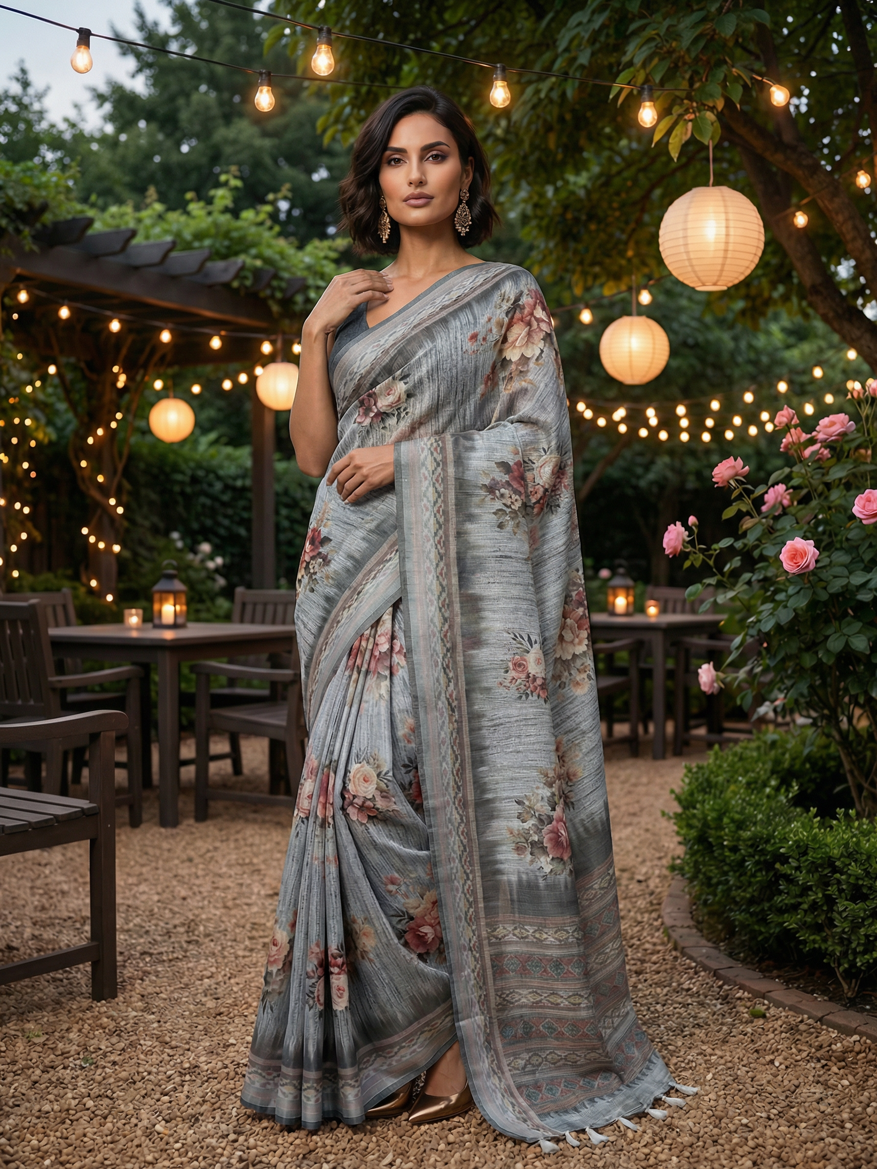 Floral Grey Saree