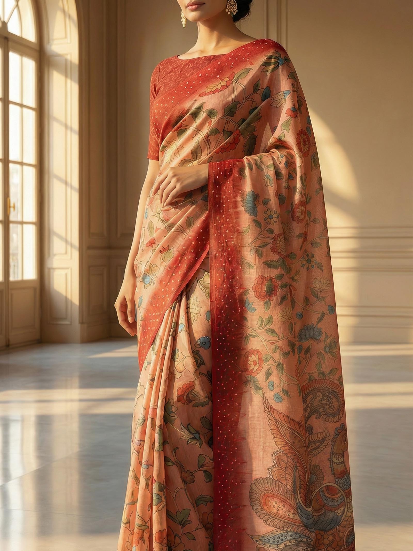 Peach Peacock Saree