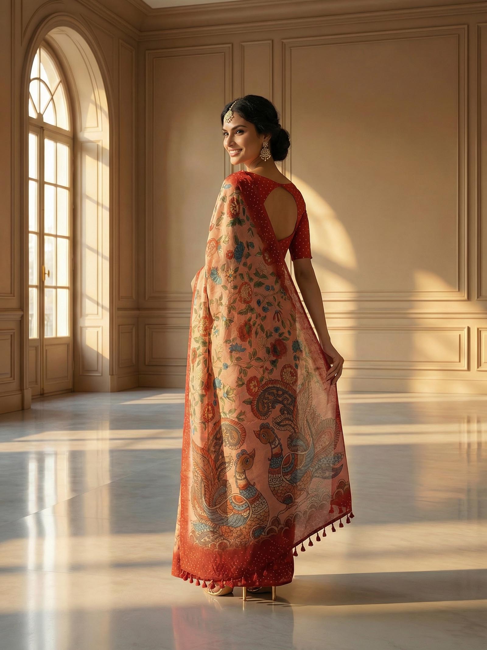 Peach Peacock Saree