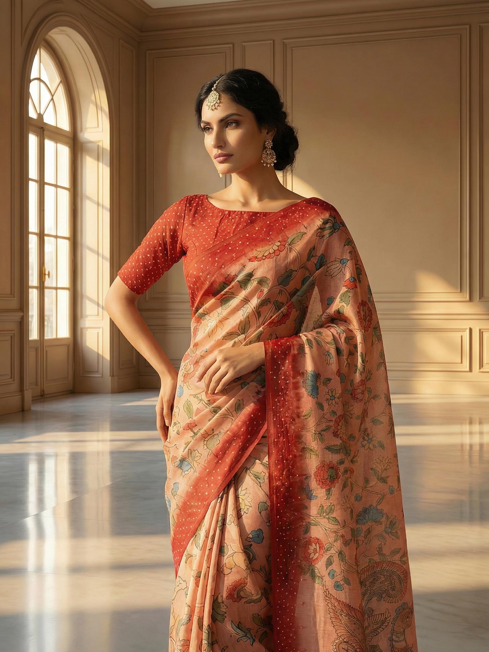Peach Peacock Saree