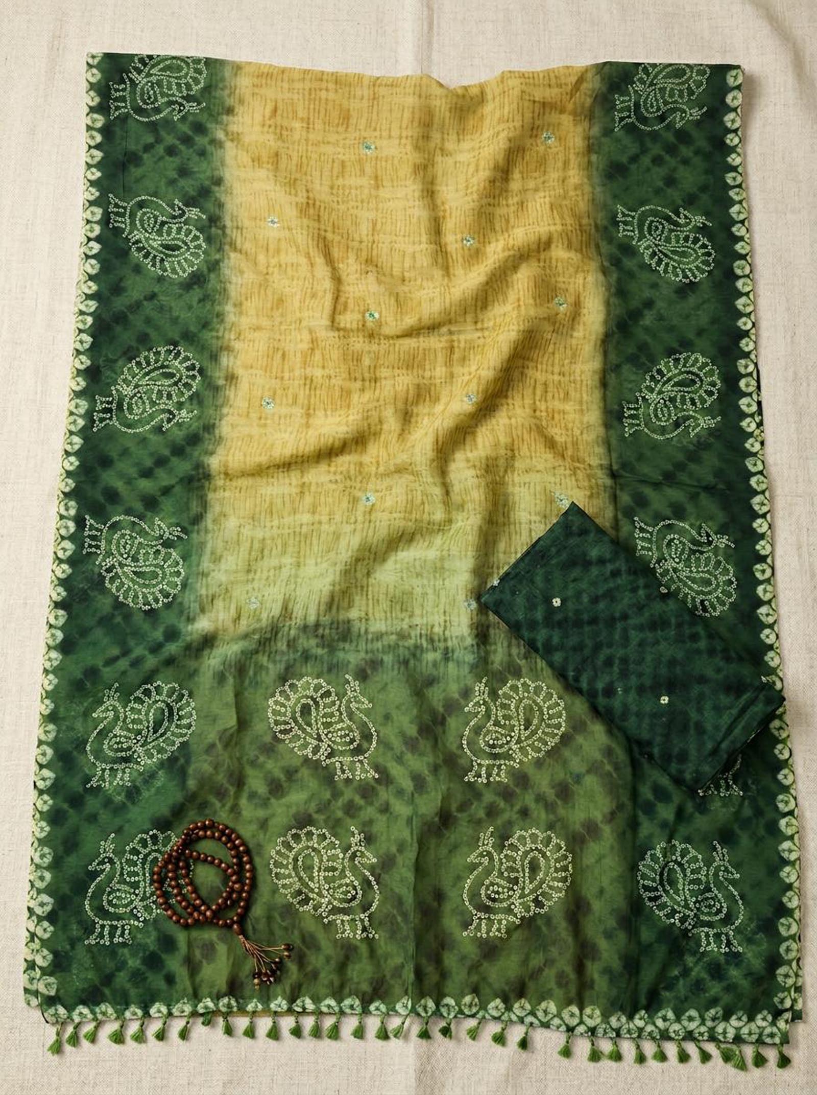 Yellow and Green Peacock Saree