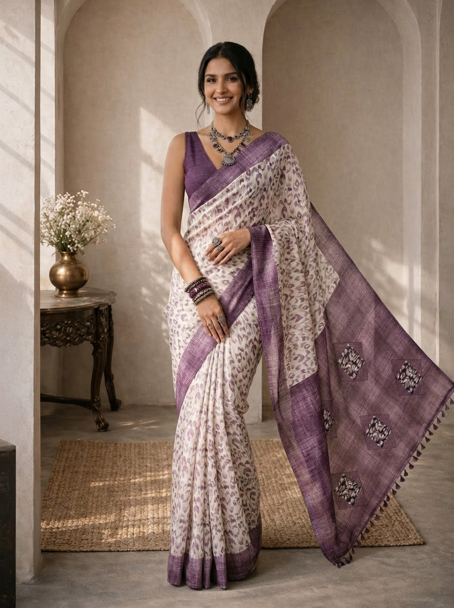 Purple & White Saree