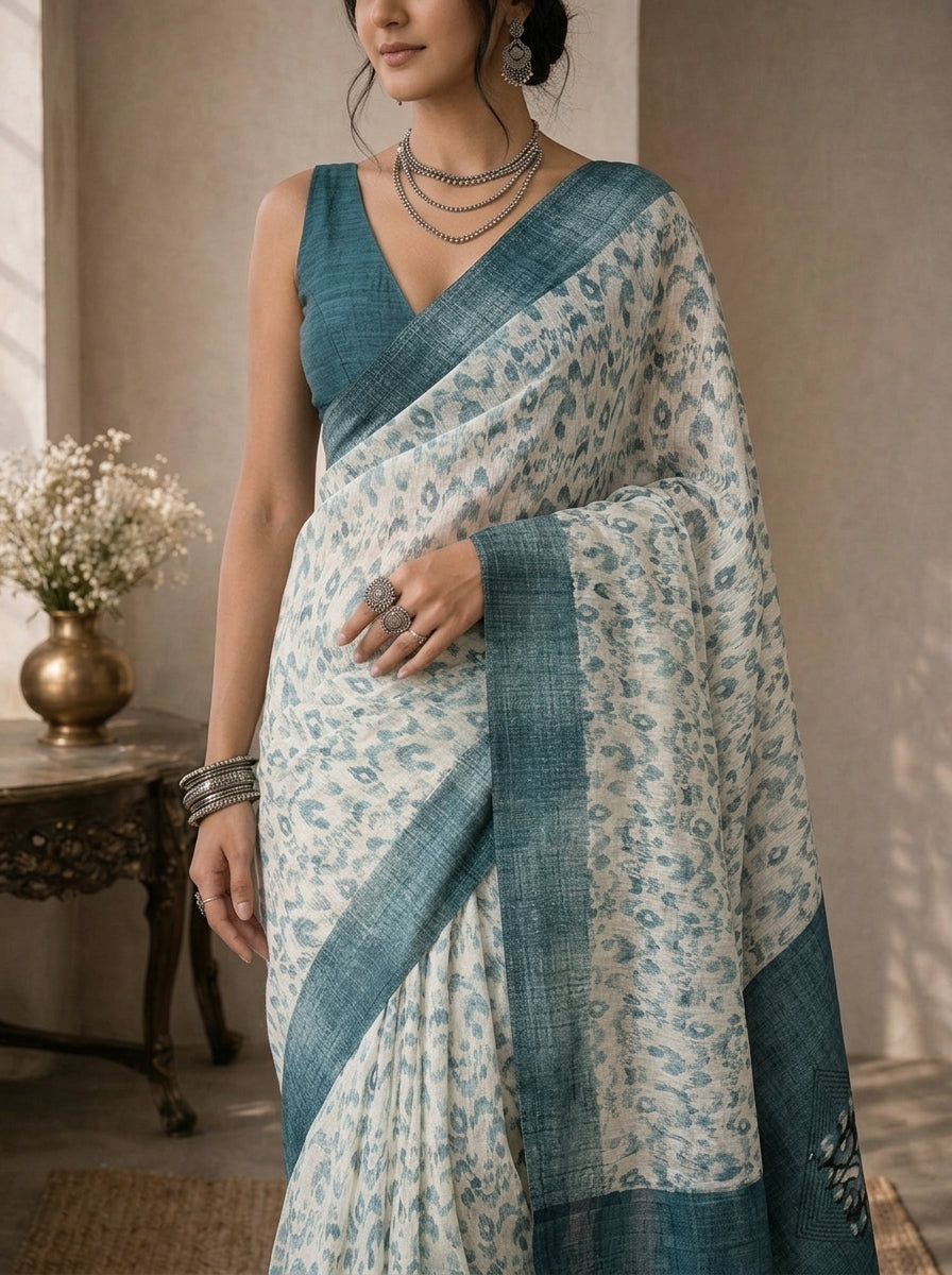 Teal and White Saree