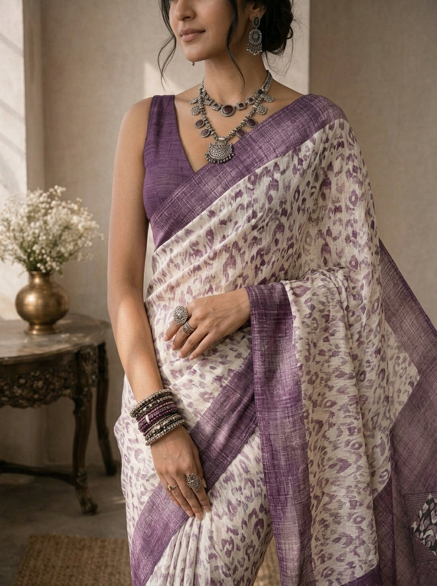 Purple & White Saree