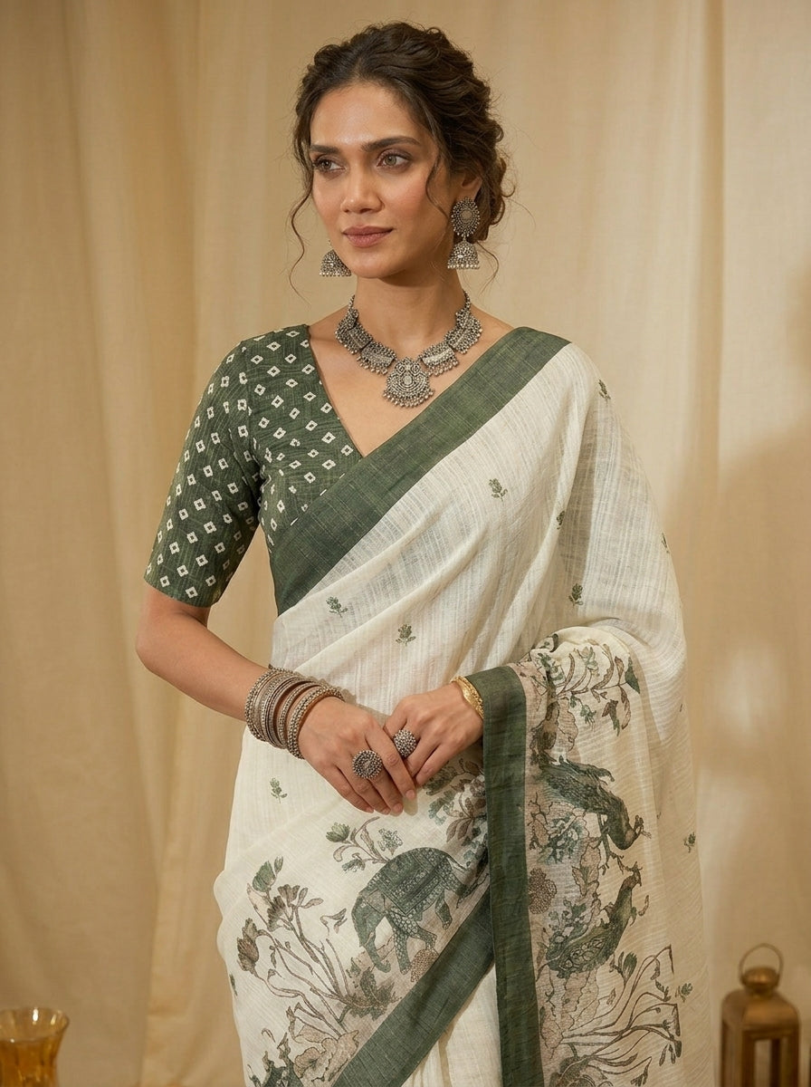 White and Green Elephant Saree