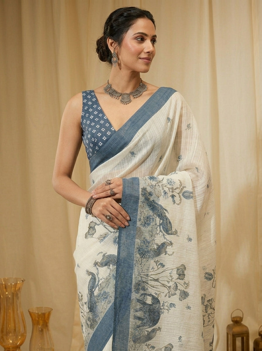 White and Blue Elephant Saree