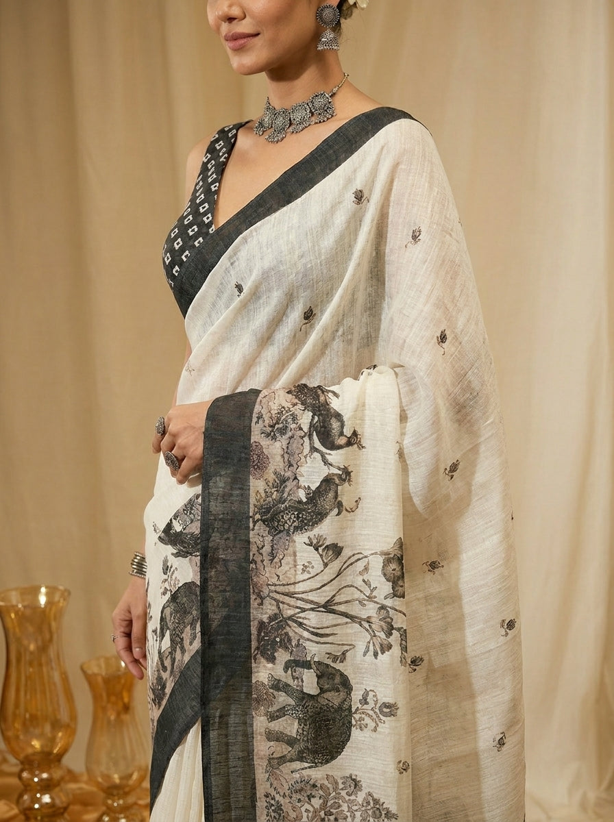 White and Grey Elephant Saree